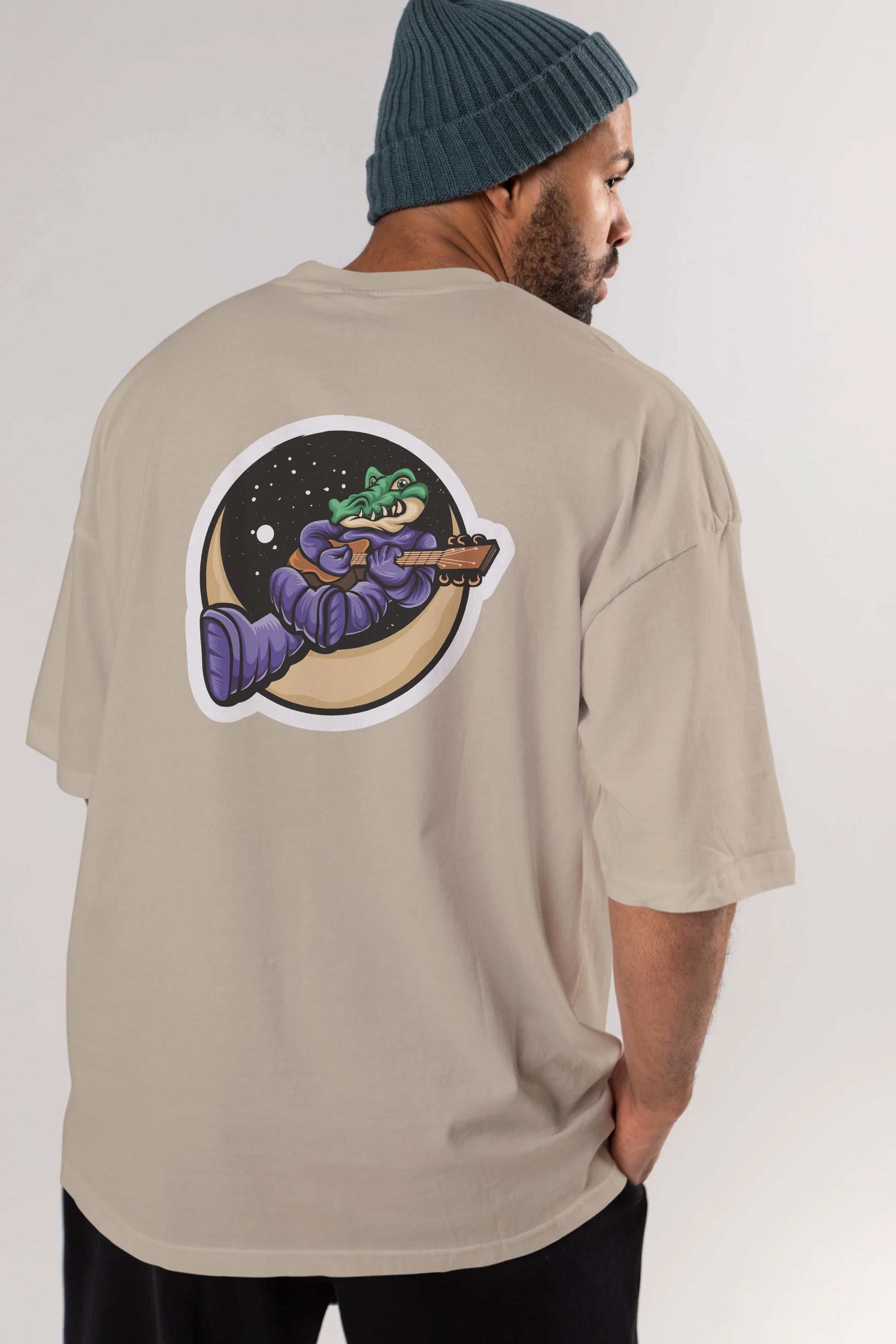 Space Crocodile Sticker Arka Baskılı Oversize t-shirt Erkek Kadın Unisex