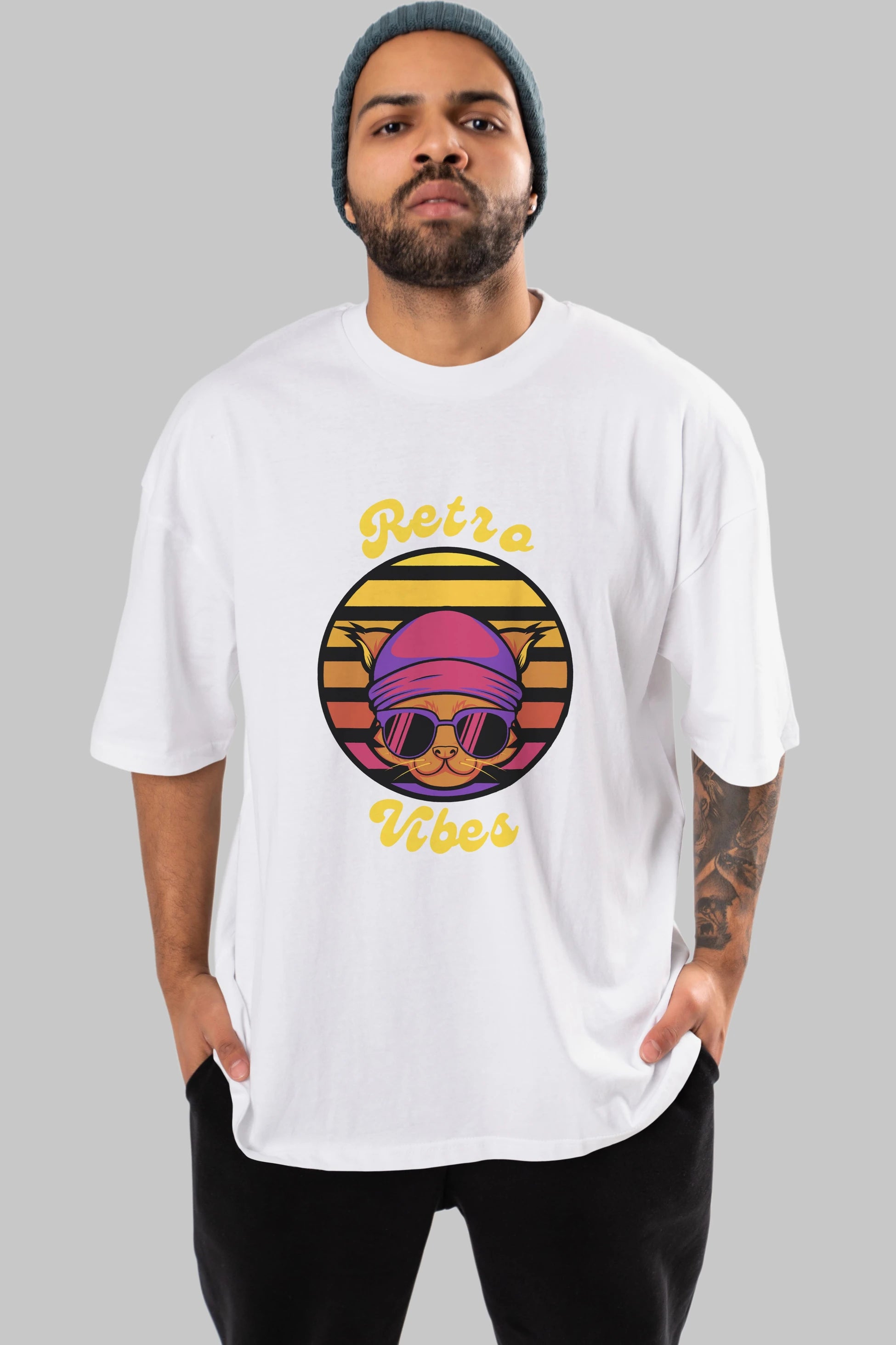 Cat Retro Vibes Ön Baskılı Oversize t-shirt Erkek Kadın Unisex