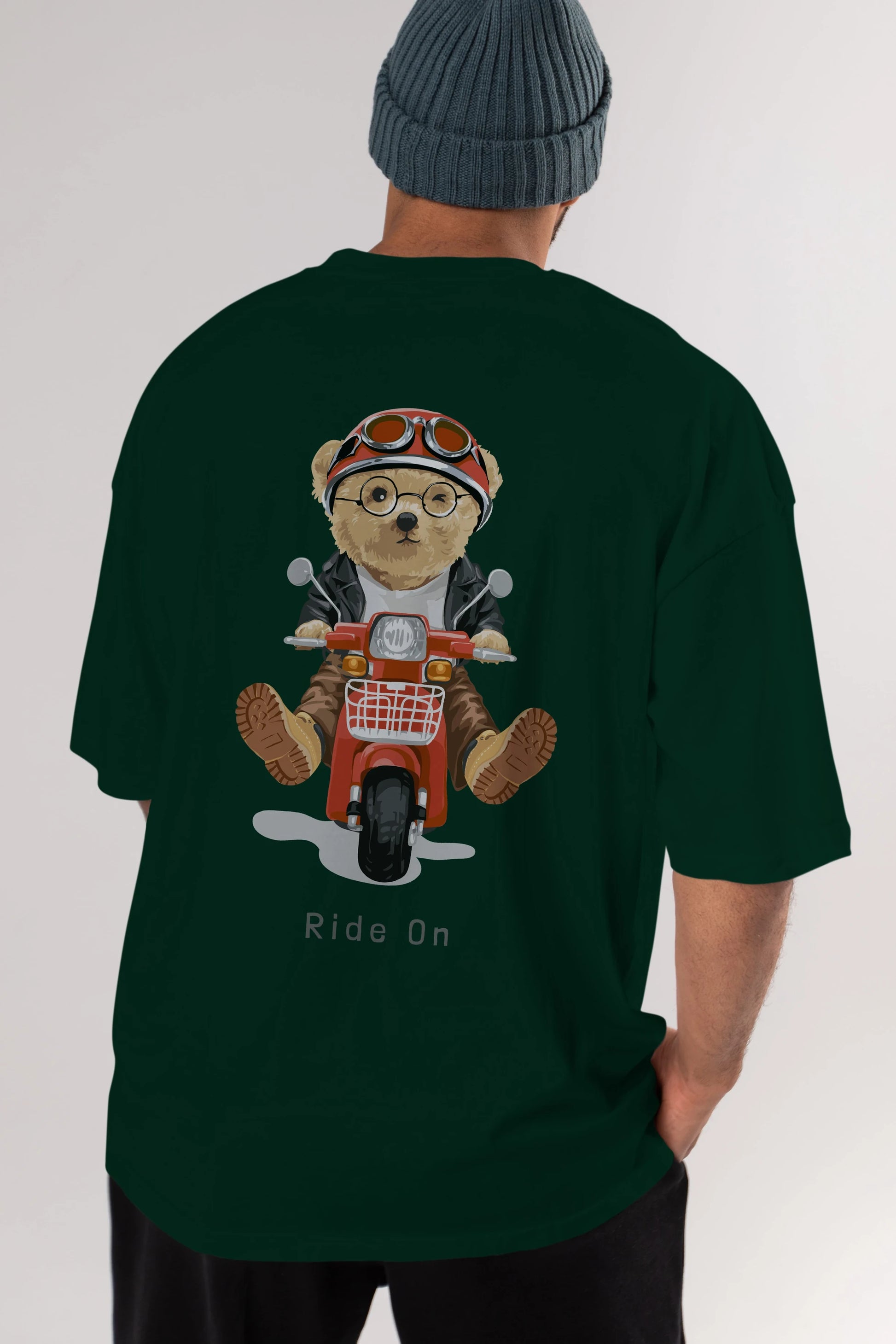 Teddy Bear Ride On Arka Baskılı Oversize t-shirt Erkek Kadın Unisex %100 Pamuk