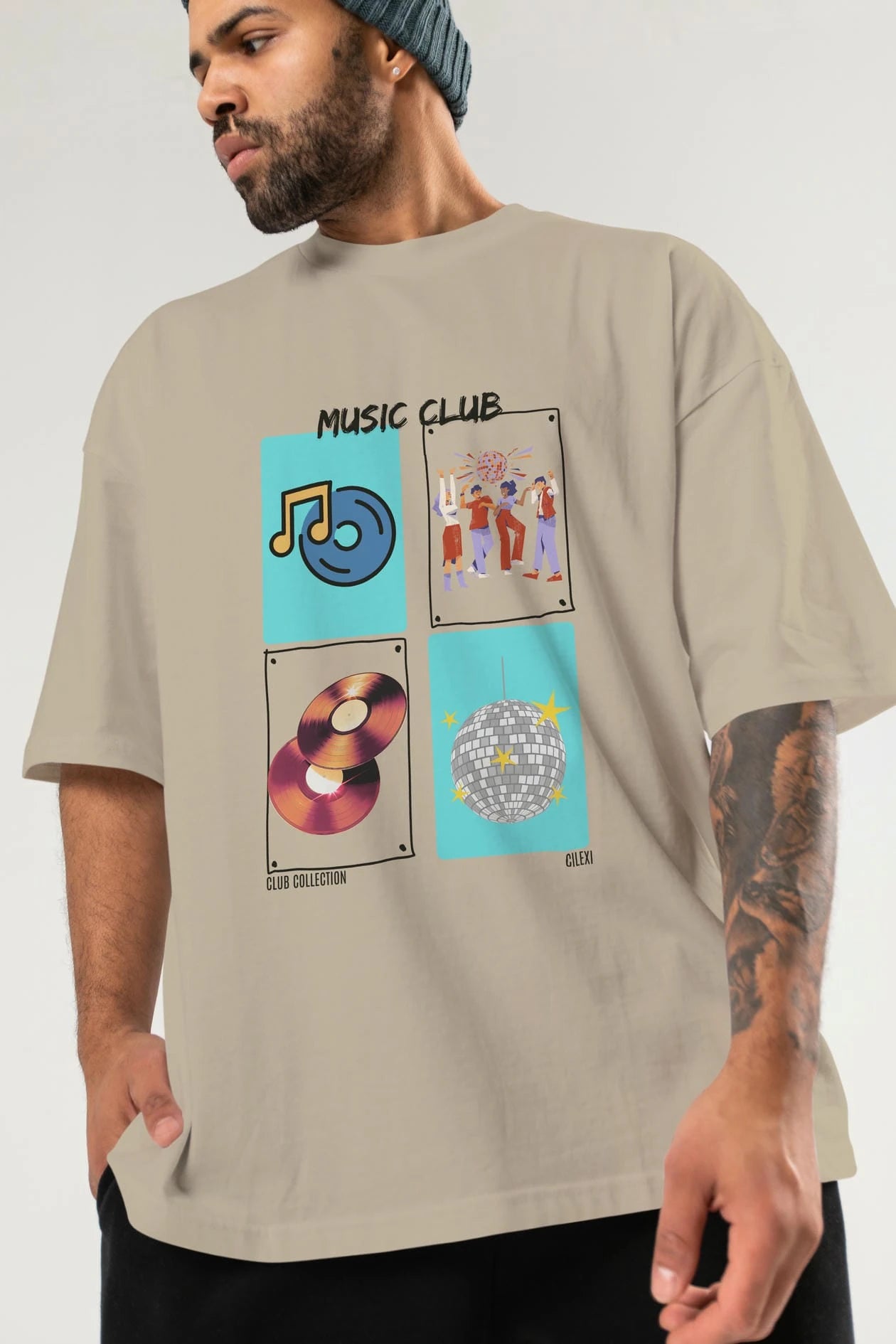 Music Club ön Baskılı Oversize t-shirt Erkek Kadın %100 Pamuk Bisiklet Yaka tişort