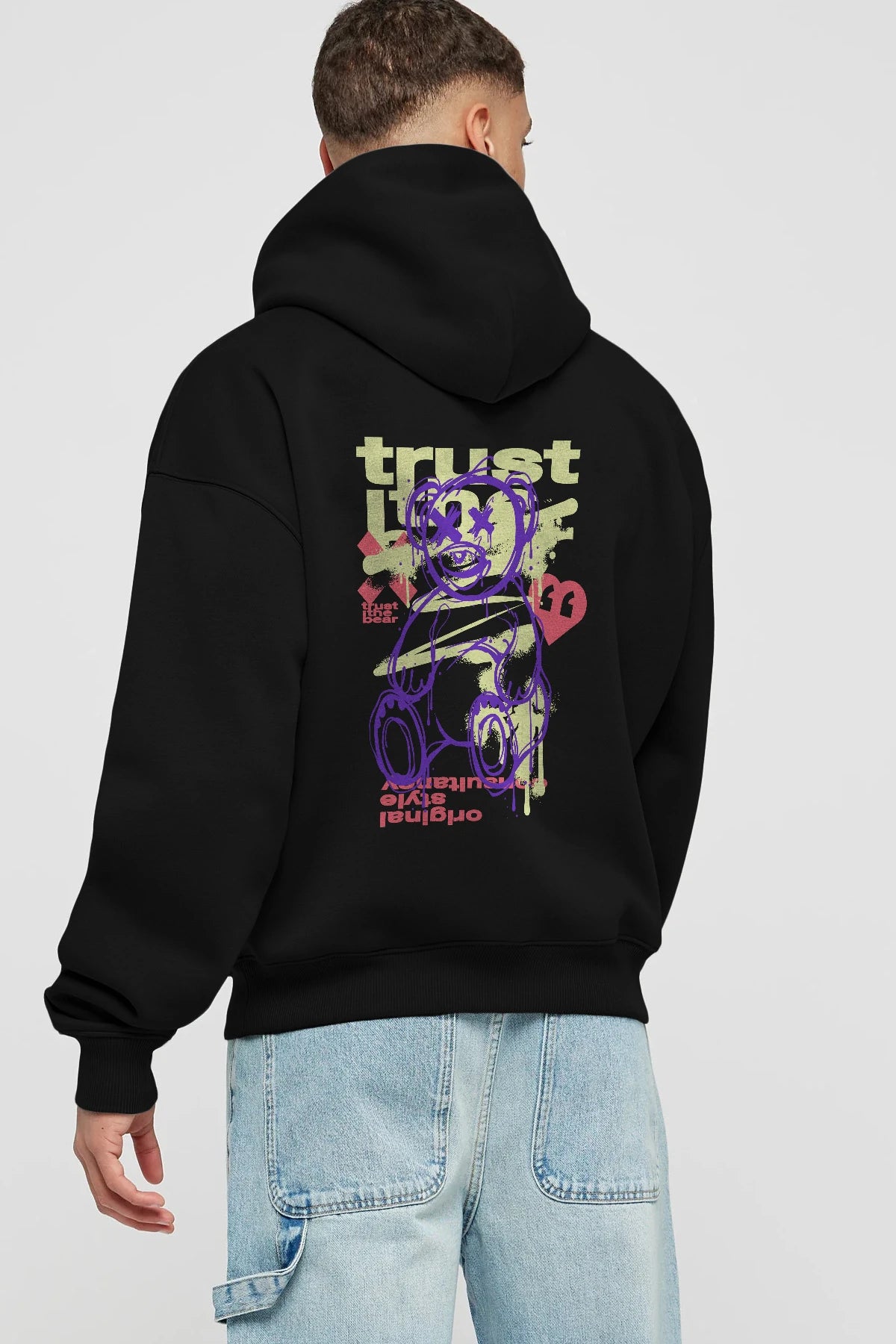 Trust The Bear 3 Arka Baskılı Hoodie Oversize Kapüşonlu Sweatshirt Erkek Kadın Unisex