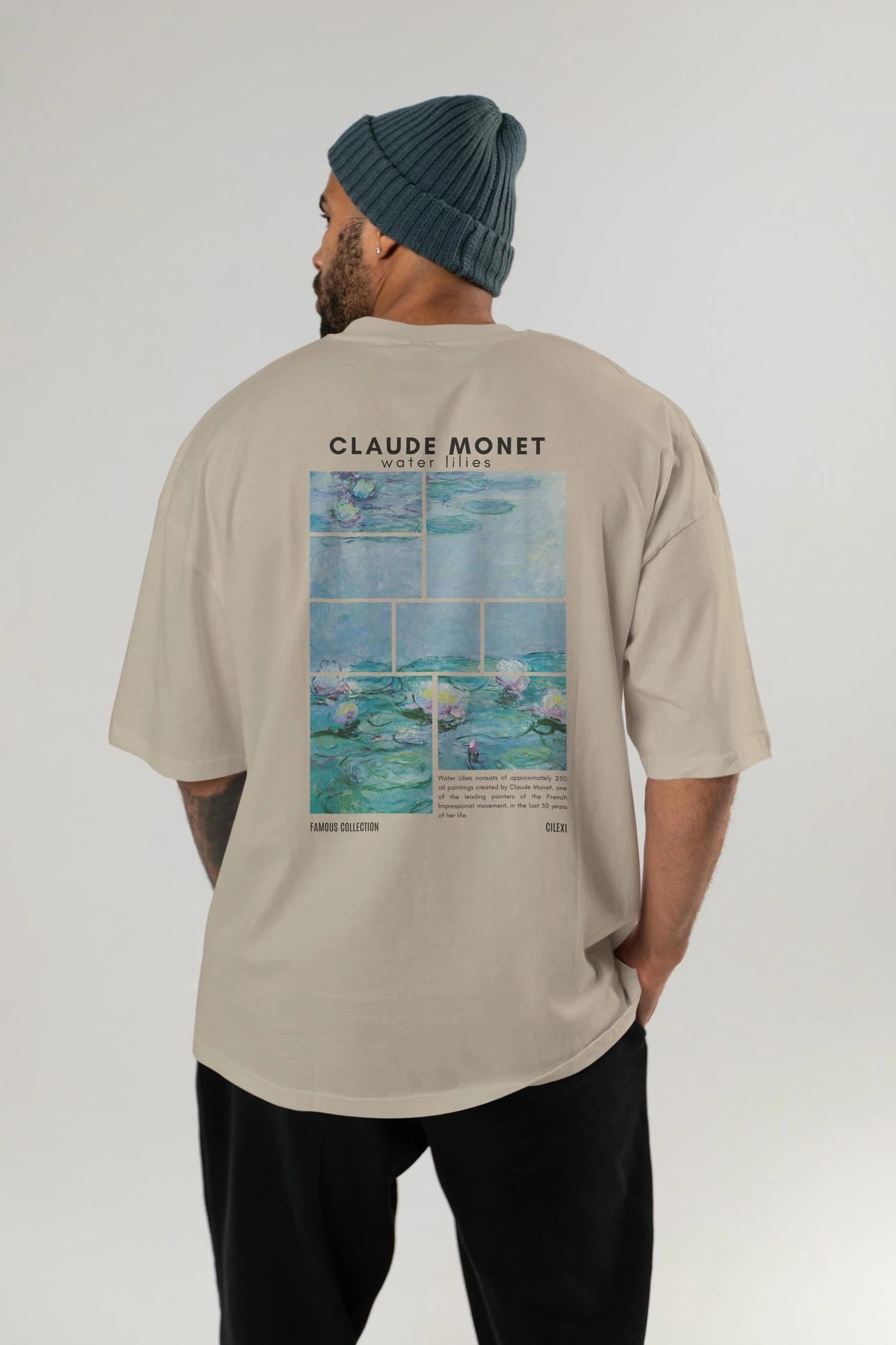 Claude Monet Arka Baskılı Oversize t-shirt Erkek Kadın Bisiklet Yaka Pamuk tişort