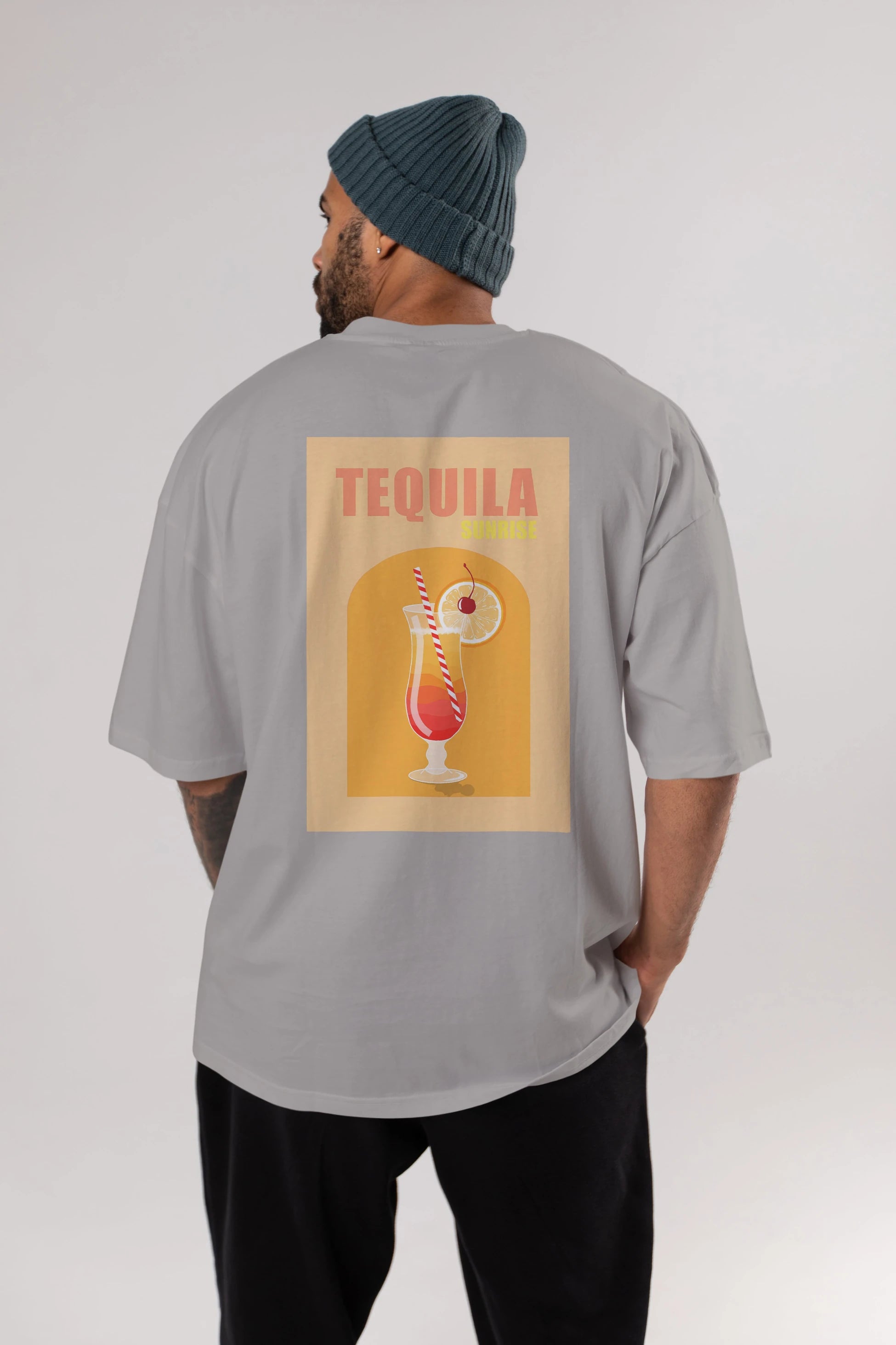 Tequila Sunrise Arka Baskılı Oversize t-shirt Erkek Kadın Unisex %100 Pamuk Bisiklet Yaka tişort