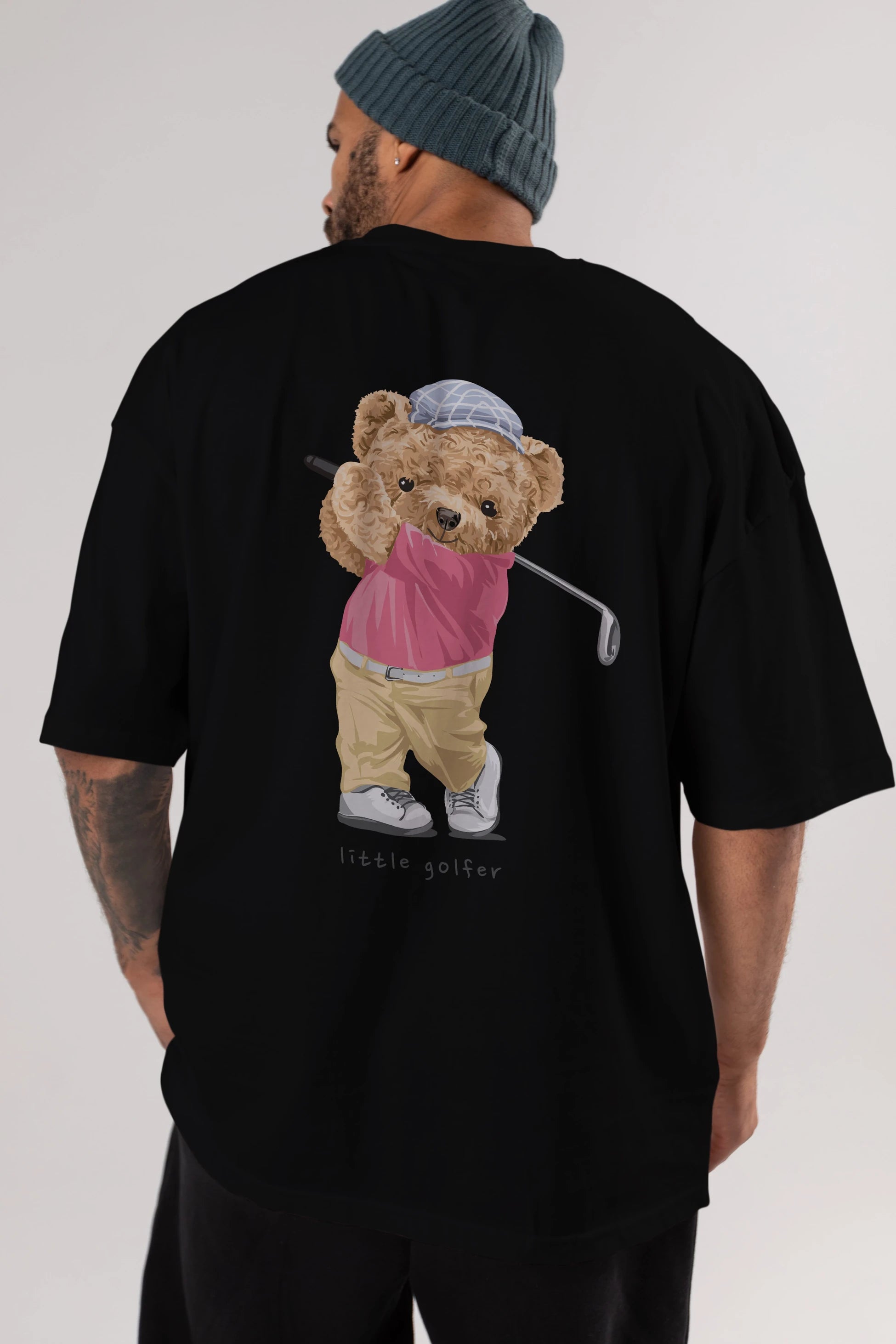 Teddy Bear Little Golfer Arka Baskılı Oversize t-shirt Erkek Kadın Unisex %100 Pamuk