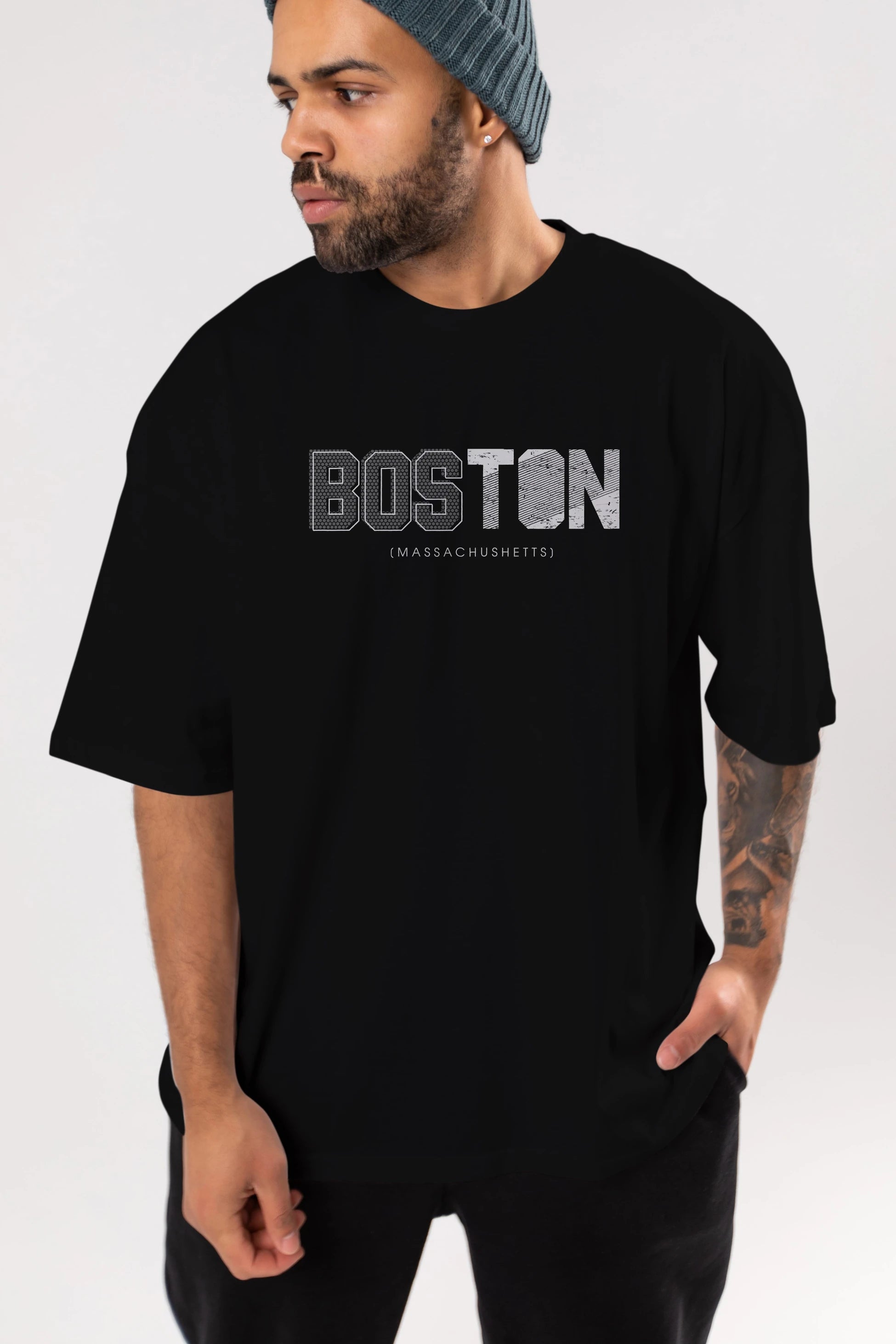 Boston Ön Baskılı Oversize t-shirt Erkek Kadın Unisex