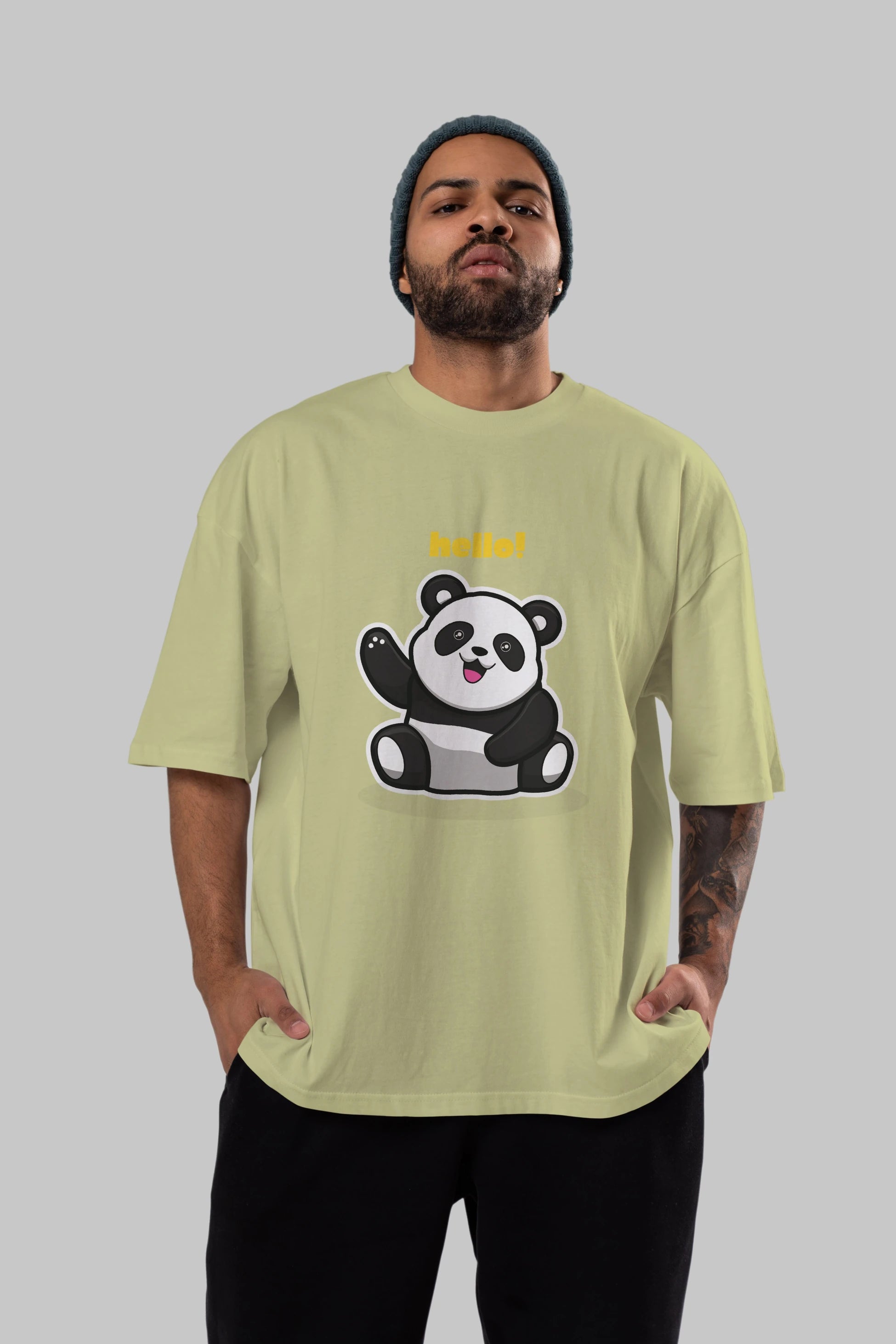 Hello Panda Ön Baskılı Oversize t-shirt Erkek Kadın Unisex