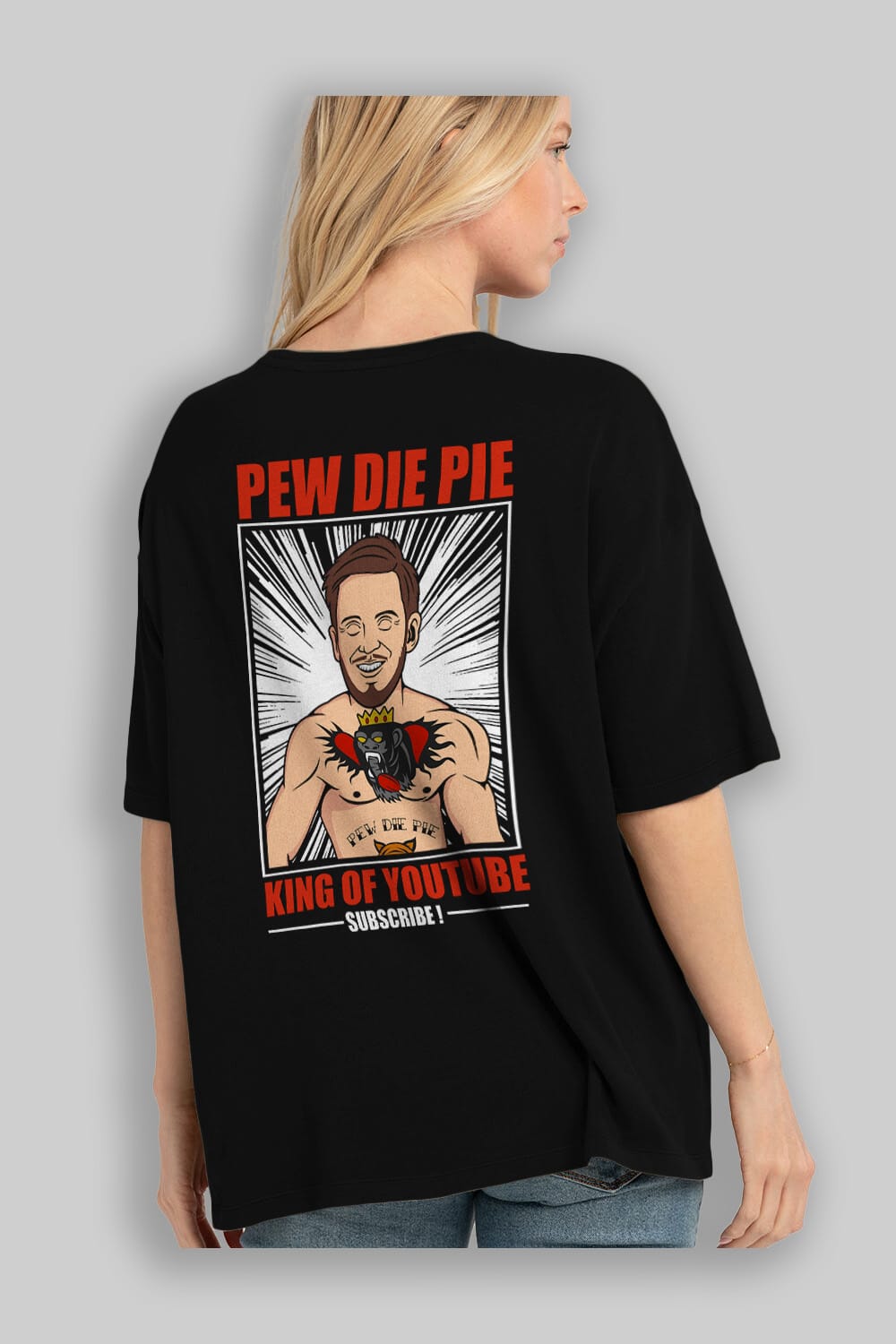 Pew Die Pie Fighter Arka Baskılı Oversize t-shirt Erkek Kadın Unisex %100 Pamuk tişort