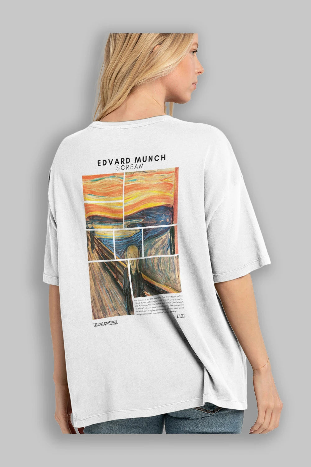 Edvard Munch Scream Arka Baskılı Oversize t-shirt Erkek Kadın Bisiklet Yaka Pamuk tişort