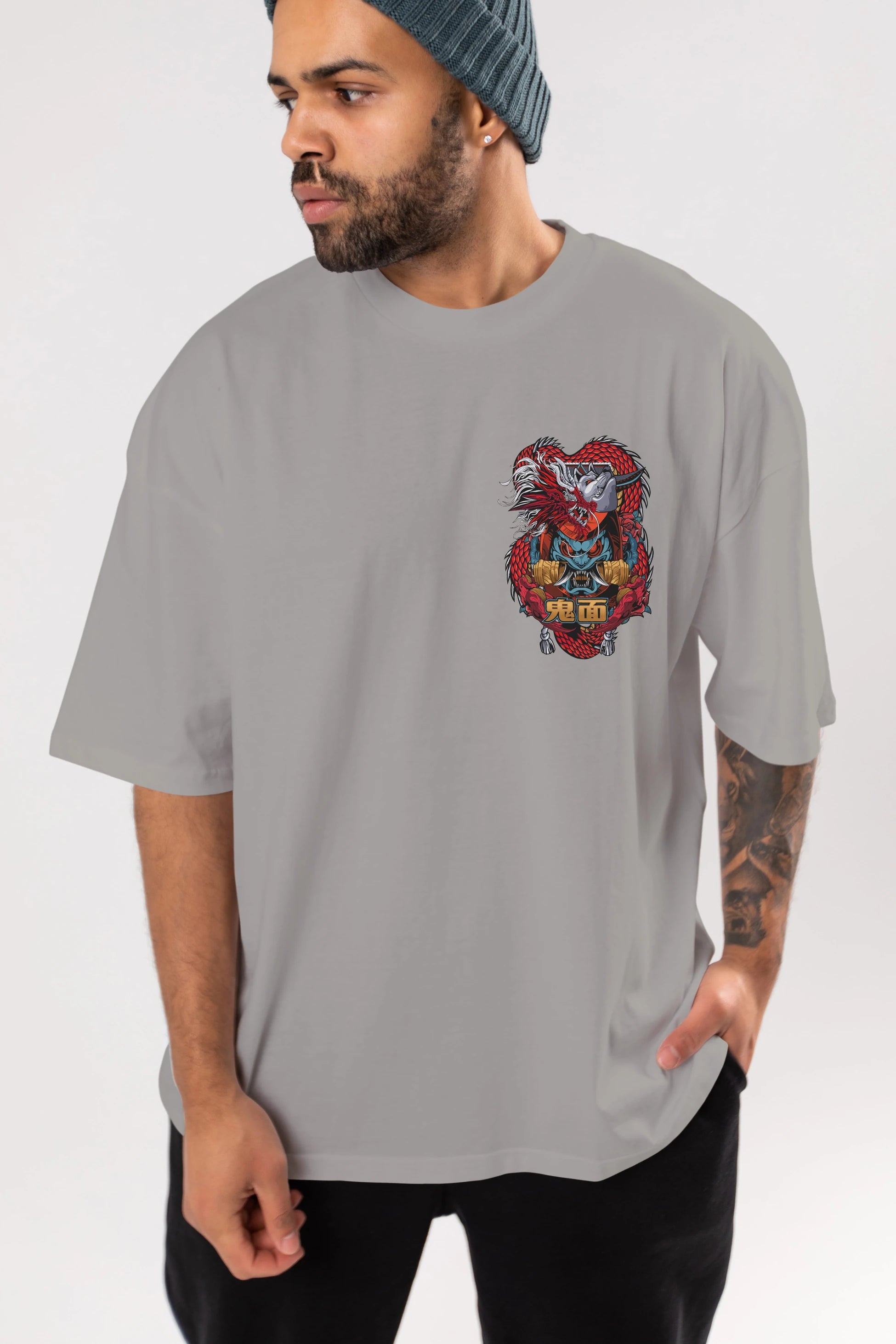 TRIBAL Ön Sol Baskılı Oversize t-shirt Erkek Kadın Unisex %100 Pamuk Bisiklet Yaka tişort