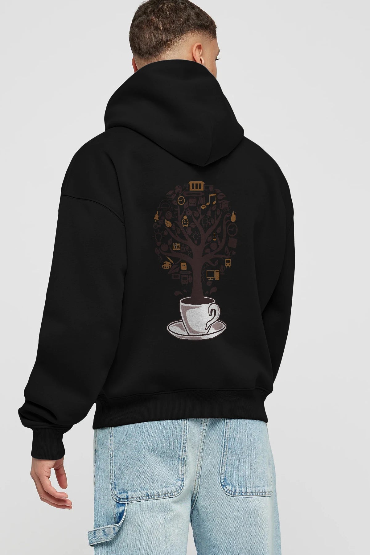 Coffee Tree Arka Baskılı Hoodie Oversize Kapüşonlu Sweatshirt Erkek Kadın Unisex