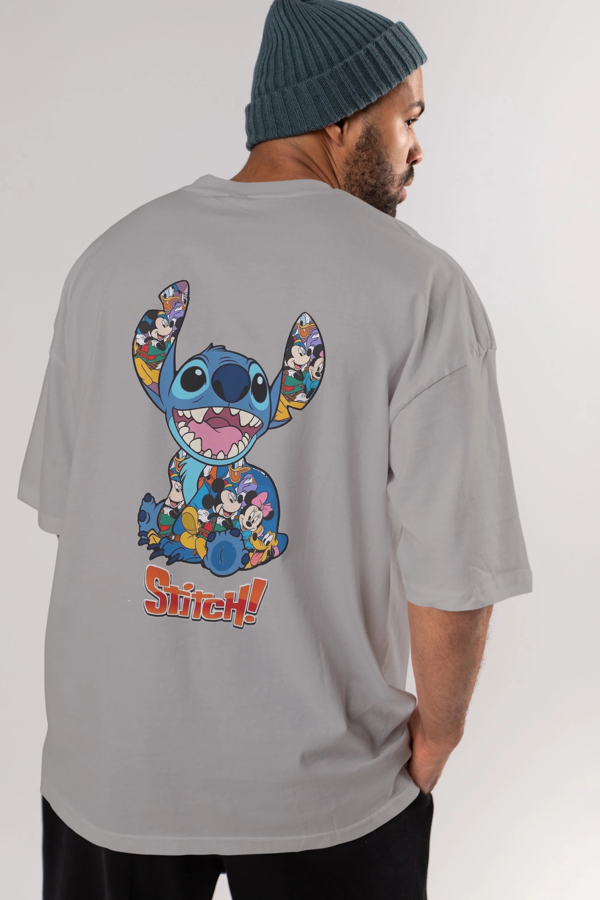Stitch Arka Baskılı Oversize t-shirt Erkek Kadın Unisex %100 Pamuk Bisiklet Yaka tişort
