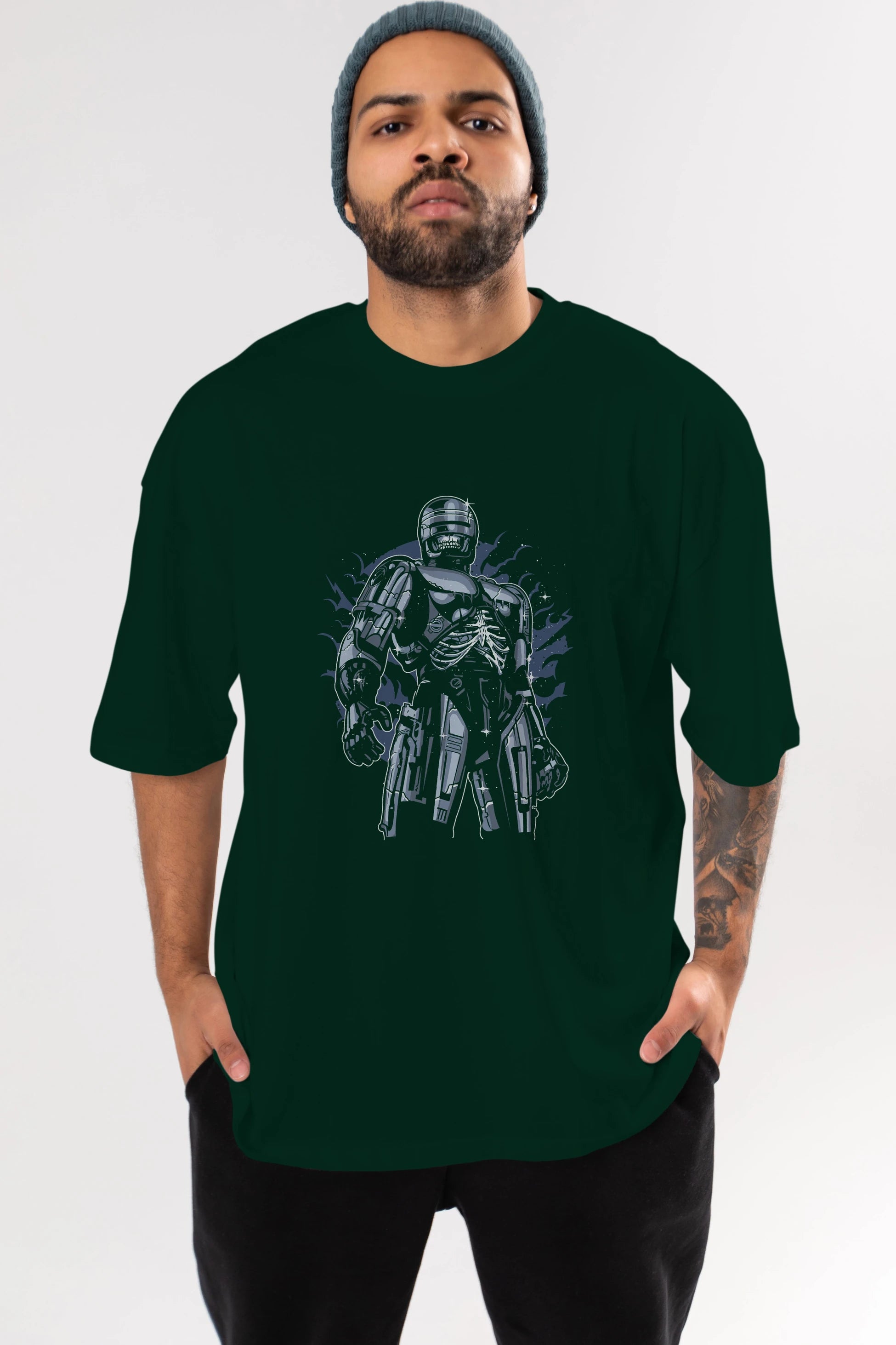 Roboskull Ön Baskılı Oversize t-shirt Erkek Kadın Unisex %100 Pamuk tişort
