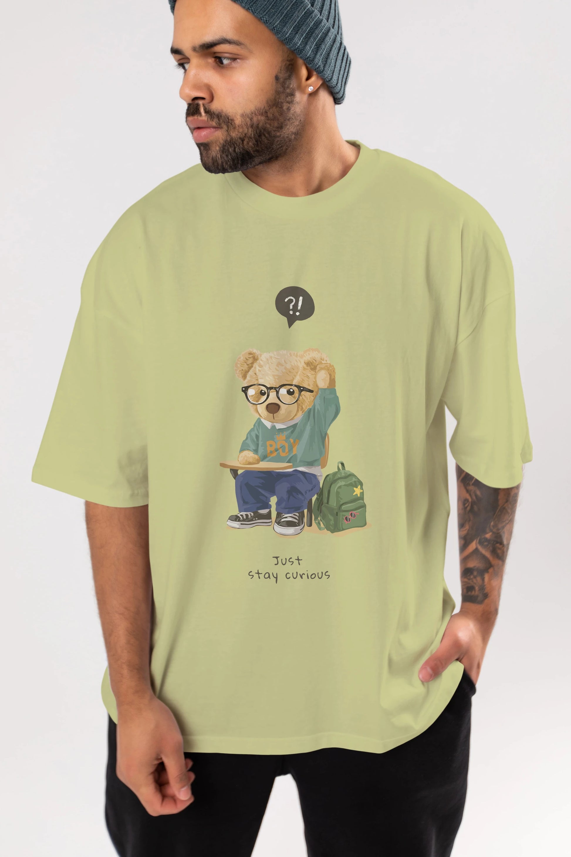 Teddy Bear Just Stay Curious Ön Baskılı Oversize t-shirt Erkek Kadın Unisex %100 Pamuk