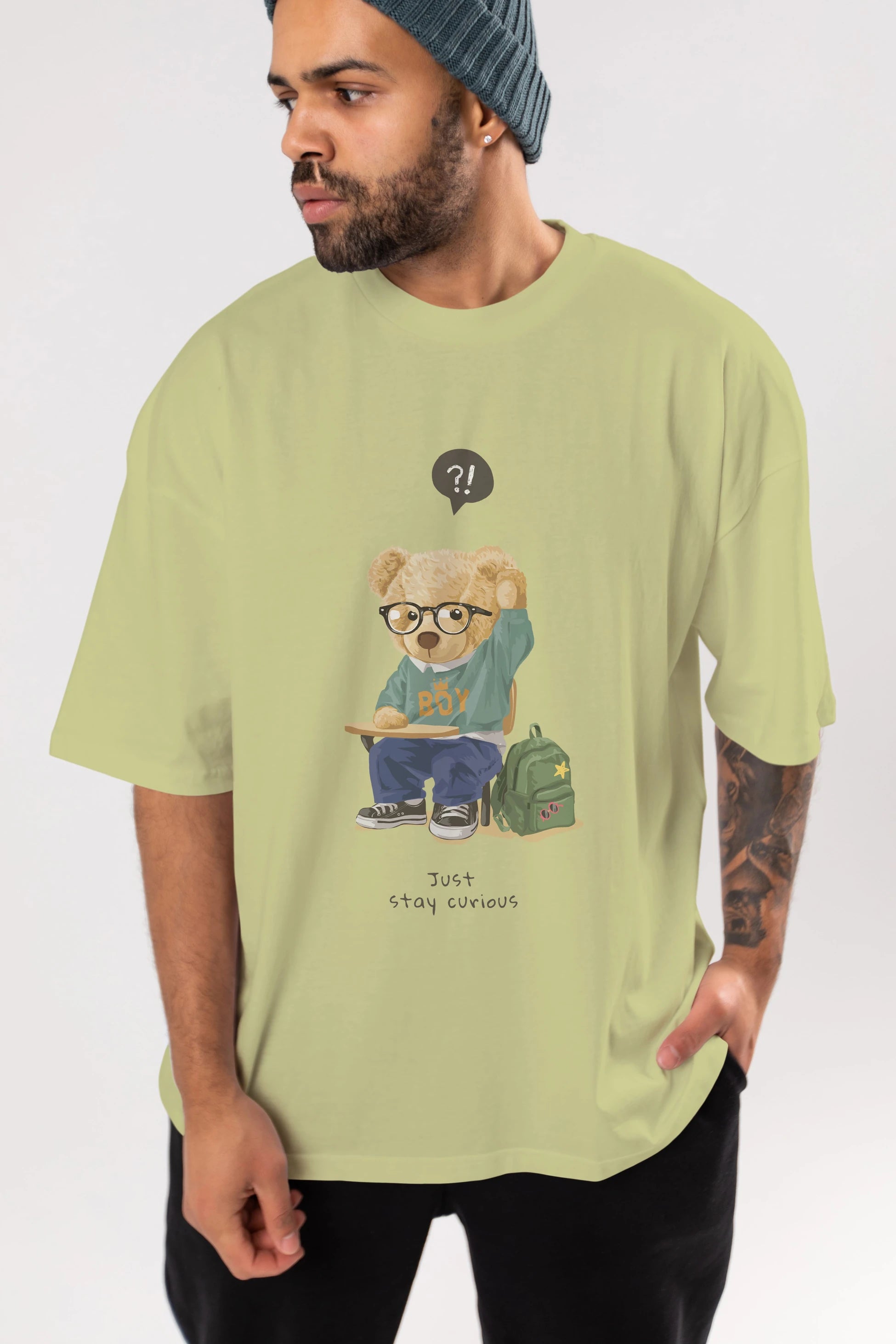 Teddy Bear Just Stay Curious Ön Baskılı Oversize t-shirt Erkek Kadın Unisex %100 Pamuk