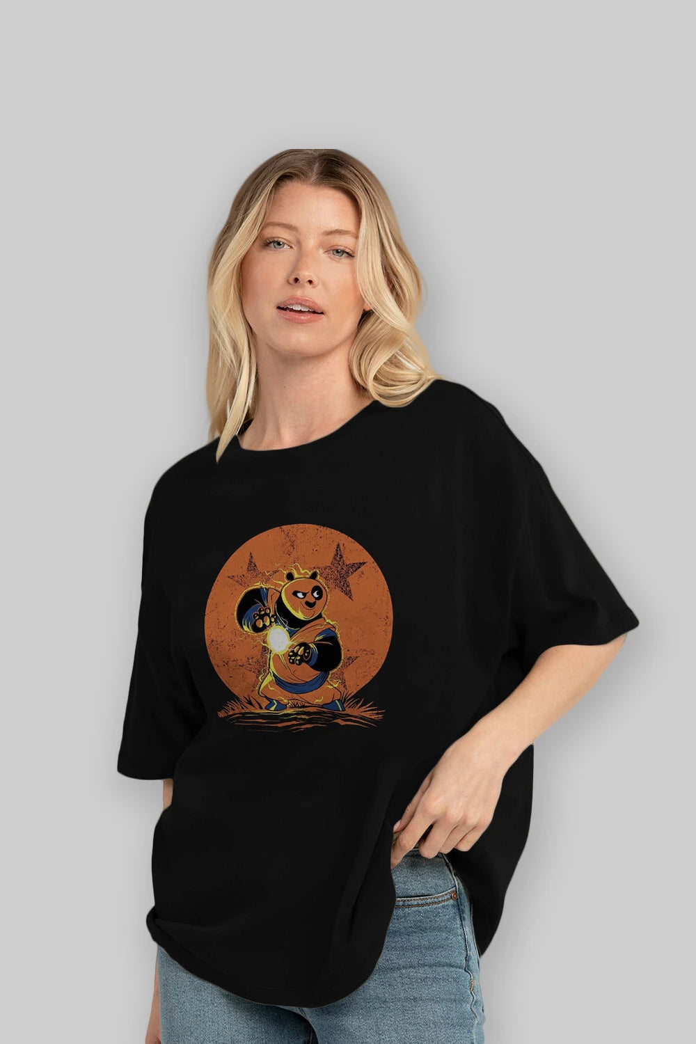 Kung Fu Panda Ön Baskılı Oversize t-shirt Erkek Kadın Unisex %100 Pamuk Bisiklet Yaka tişort