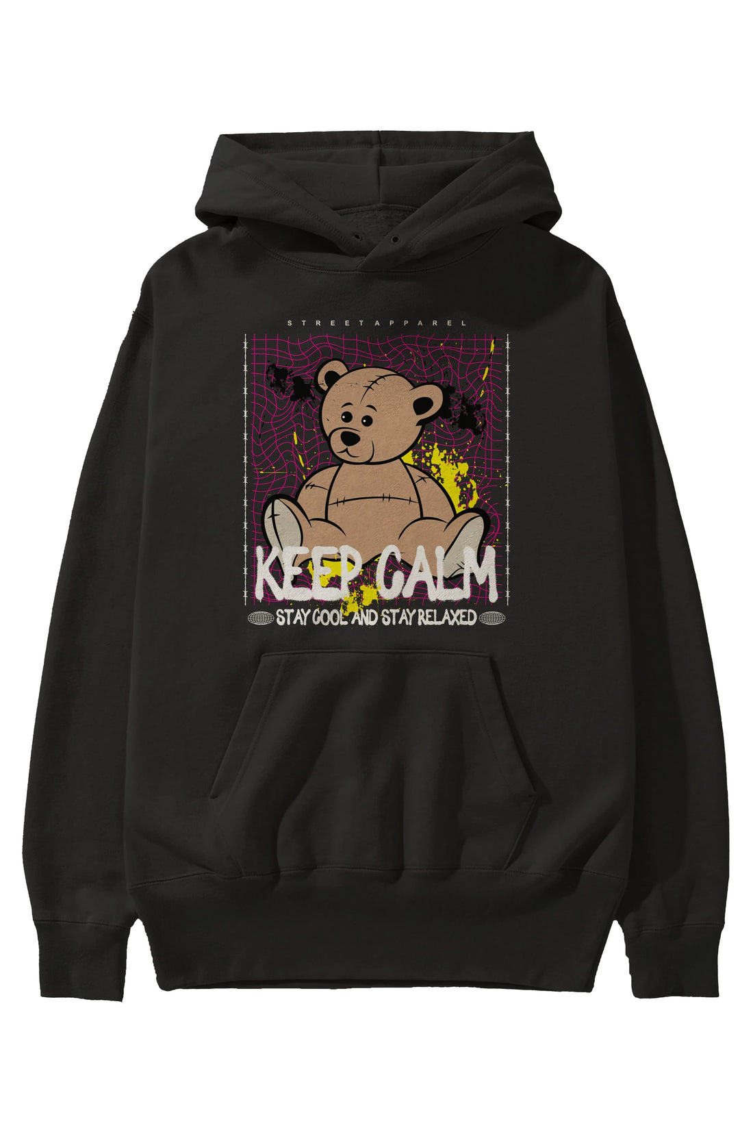 Keep Calm Bear Ön Baskılı Hoodie Oversize Kapüşonlu Sweatshirt Erkek Kadın Unisex