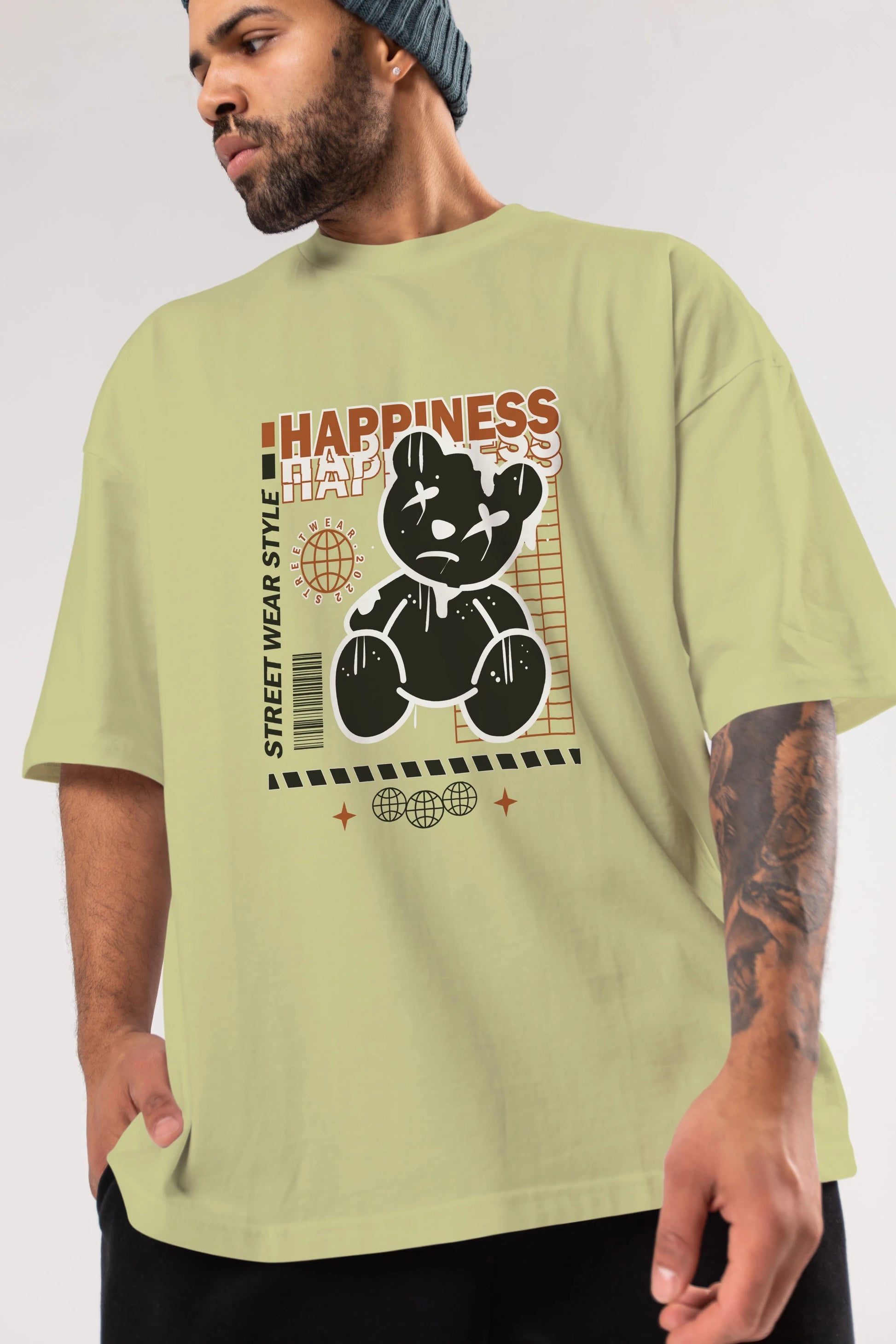 Happiness Bear 2 Ön Baskılı Oversize t-shirt Erkek Kadın Unisex