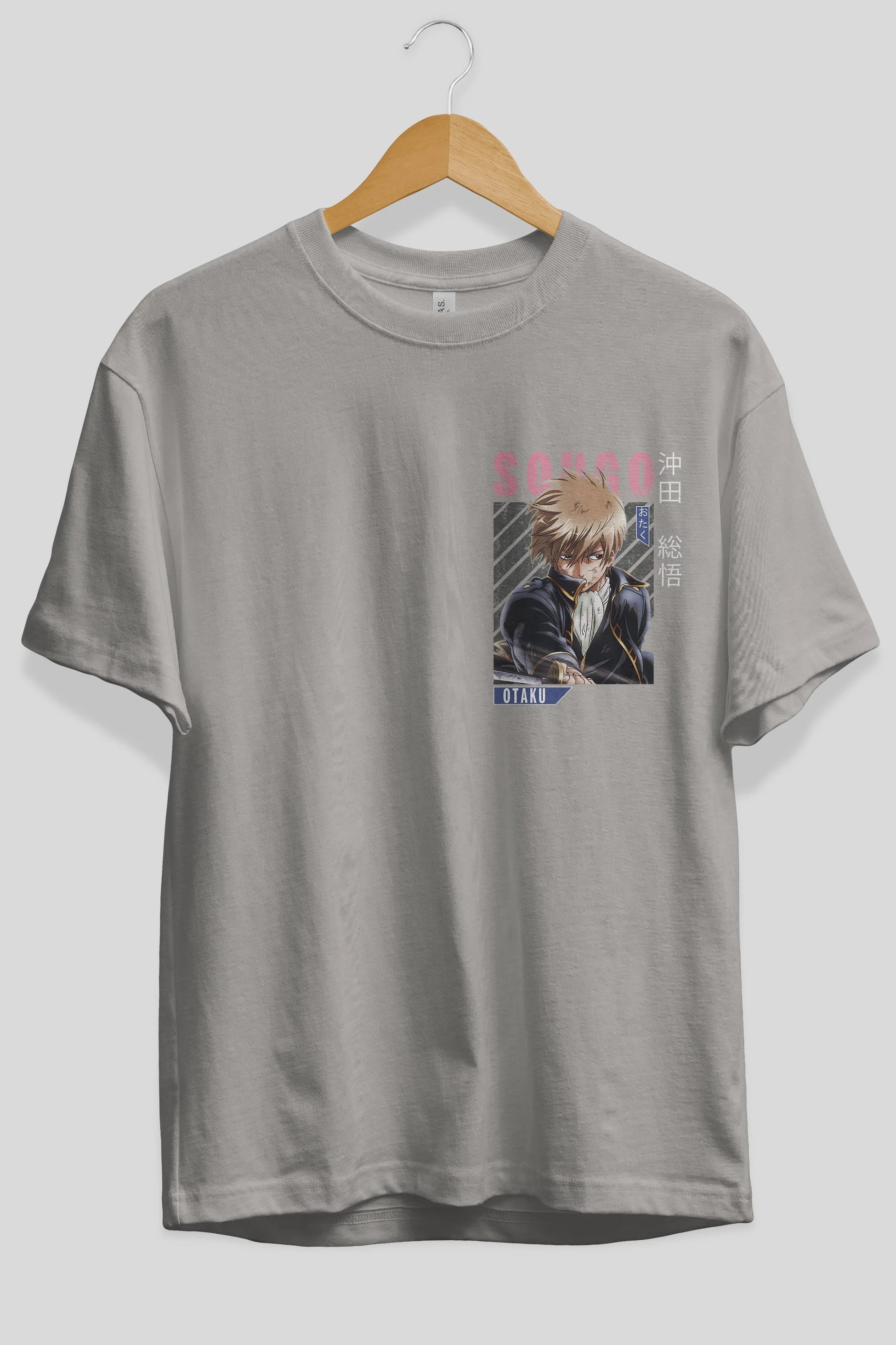 Sougo Okita GINTAMA Ön Sol Baskılı Oversize t-shirt Erkek Kadın Unisex %100 Pamuk Bisiklet Yaka tişort