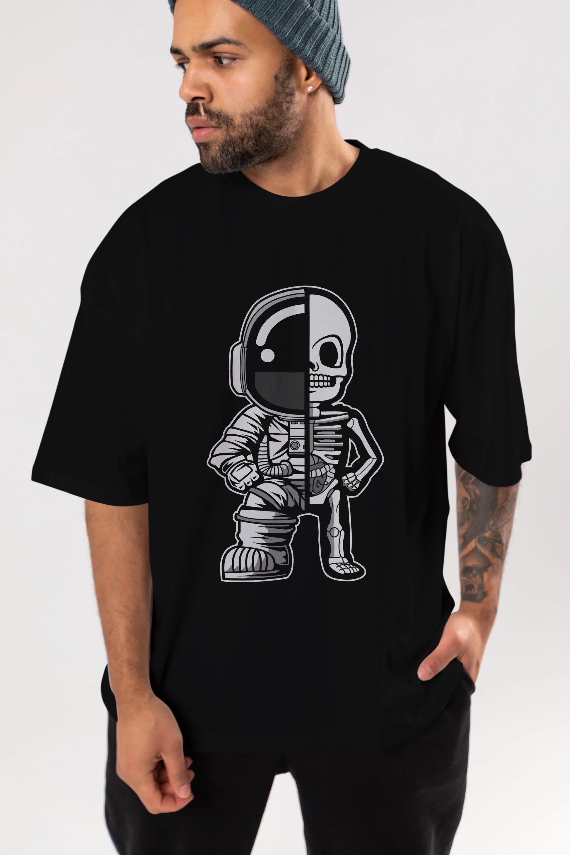 Astronaut Half Skeleton Ön Baskılı Oversize t-shirt Erkek Kadın Unisex