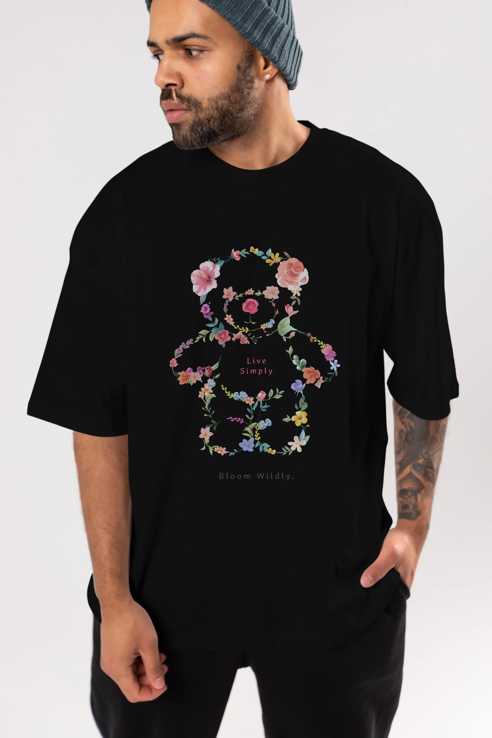 Teddy Bear Flowers Ön Baskılı Oversize t-shirt Erkek Kadın Unisex