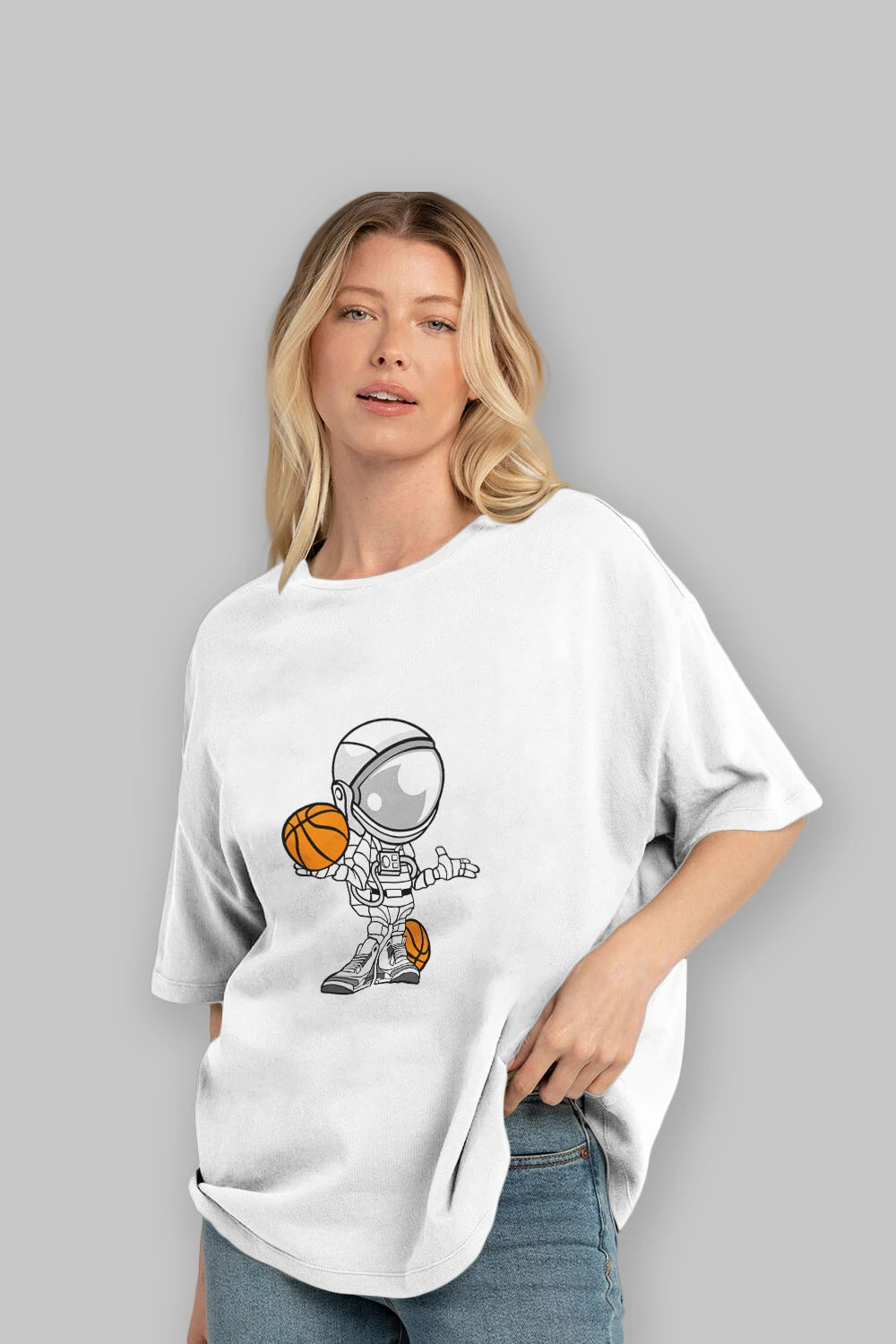 Astronaut Basketball Player Ön Baskılı Oversize t-shirt Erkek Kadın Unisex %100 Pamuk tişort