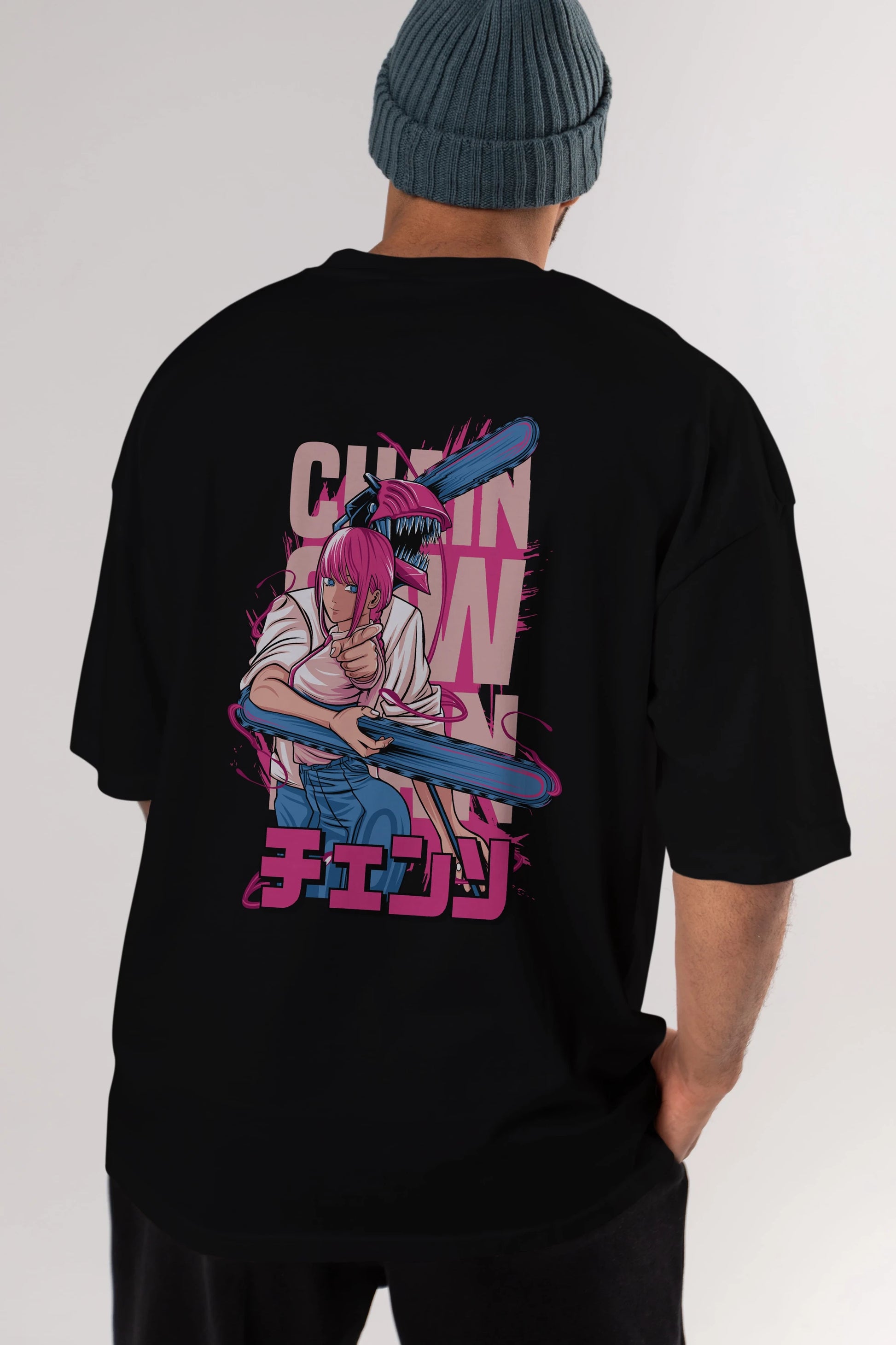 DENJI and MAKIMA Anime Arka Baskılı Oversize t-shirt Erkek Kadın Unisex
