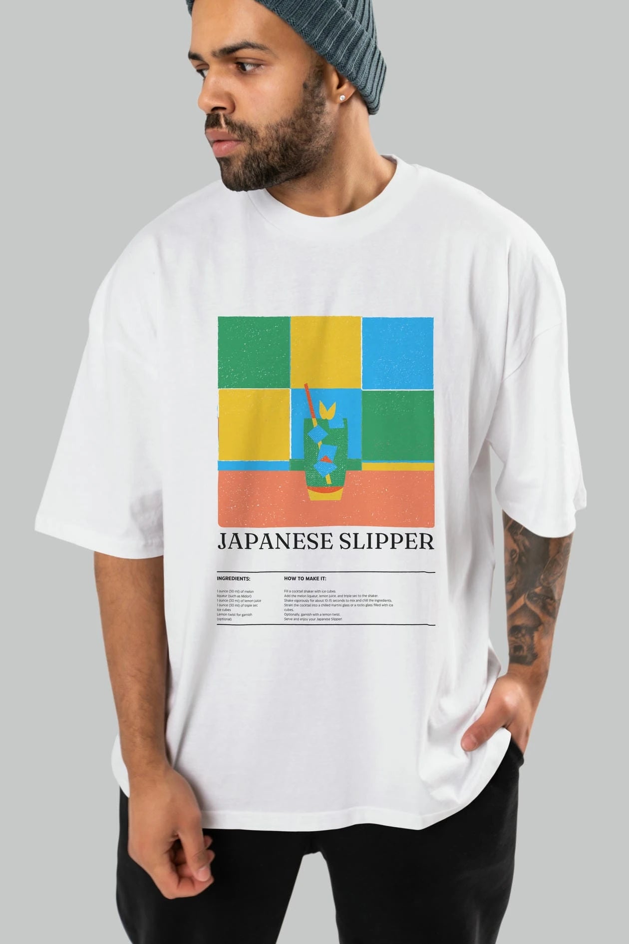Japanese Slipper Kokteyl Ön Baskılı Oversize t-shirt Erkek Kadın %100 Pamuk Bisiklet Yaka tişort