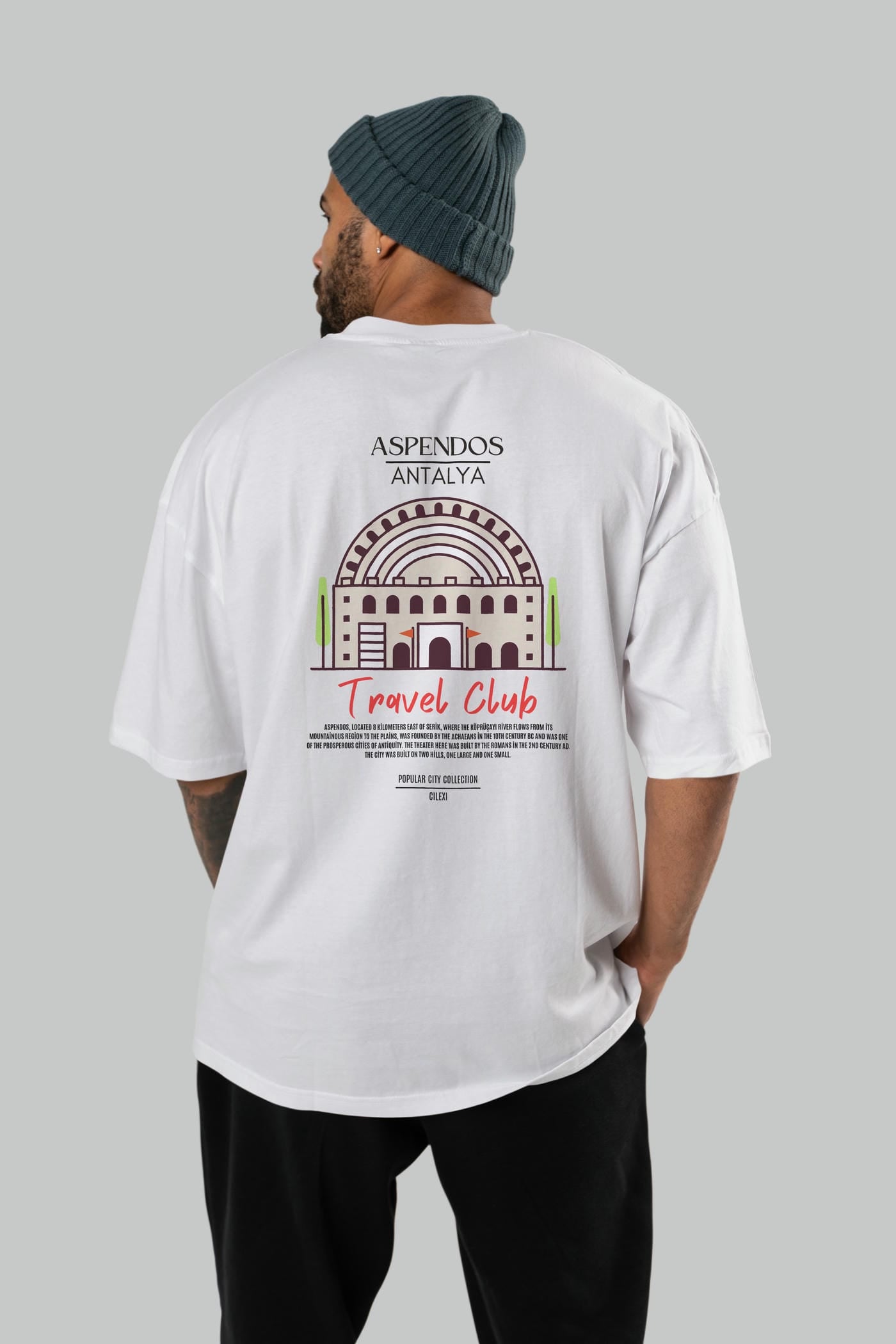 Aspendos Antalya Arka Baskılı Oversize t-shirt Erkek Kadın Pamuk Bisiklet Yaka tişort