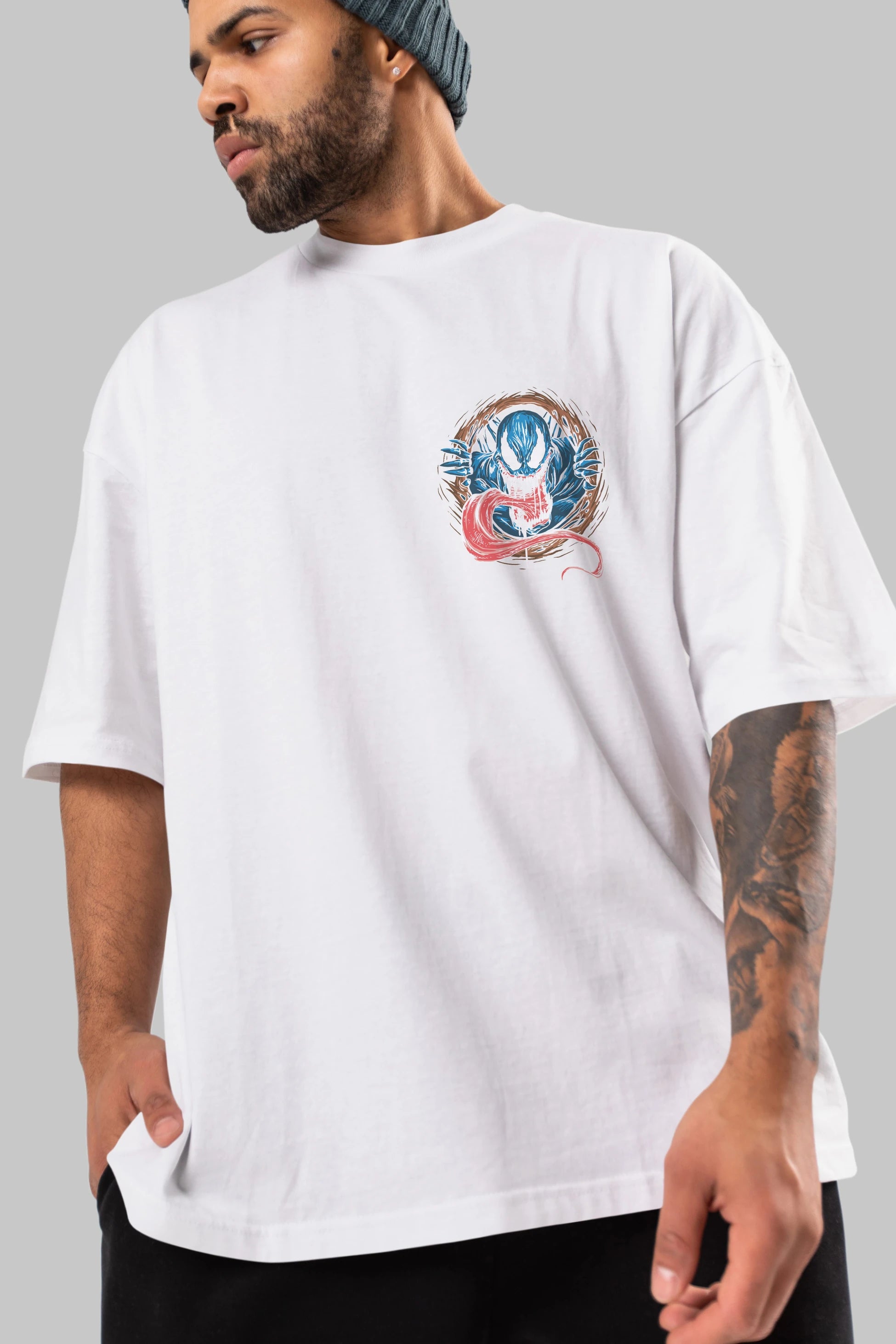 Venom (7) Ön Sol Baskılı Oversize t-shirt Erkek Kadın Unisex %100 Pamuk Bisiklet Yaka tişort