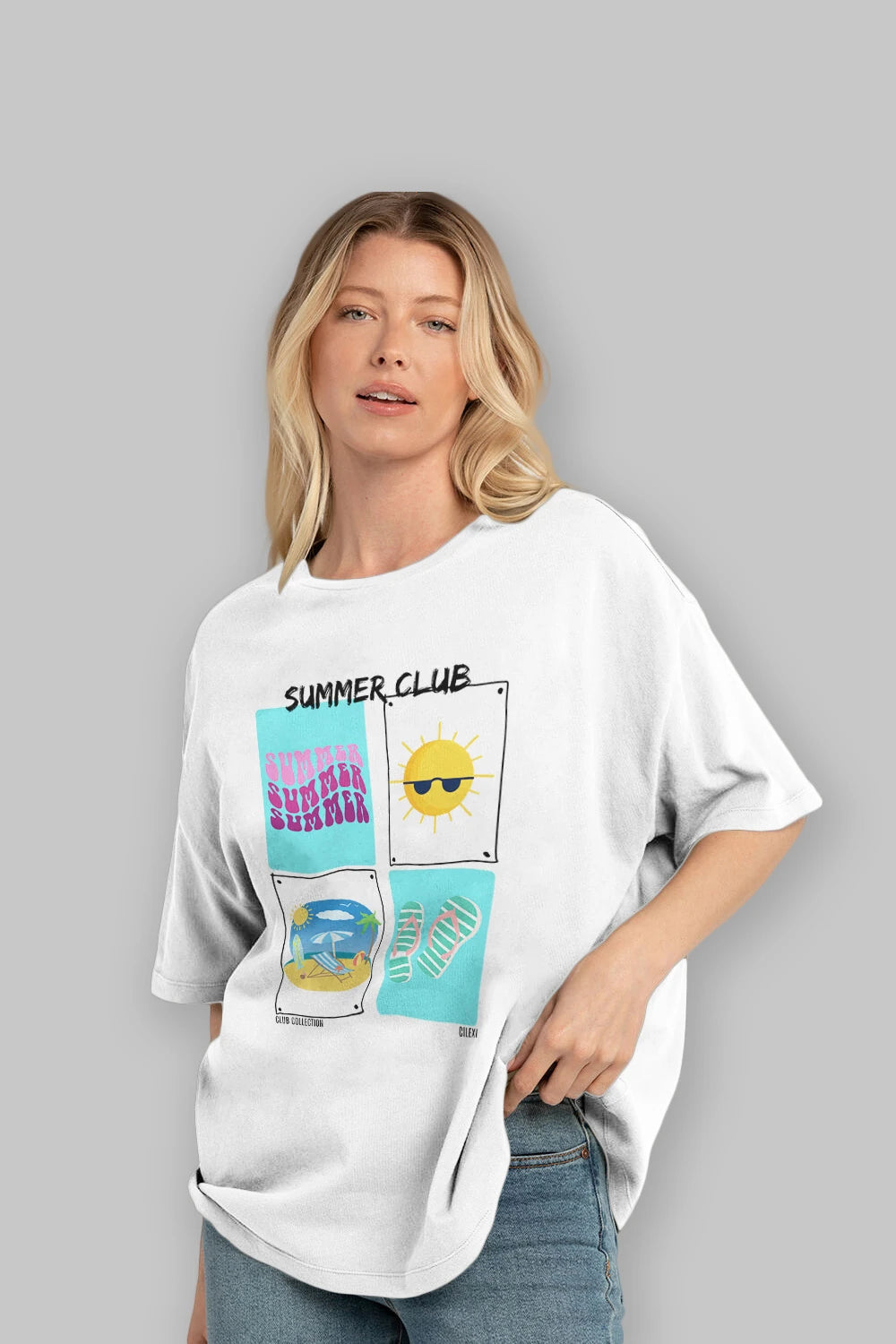 Summer Club ön Baskılı Oversize t-shirt Erkek Kadın %100 Pamuk Bisiklet Yaka tişort