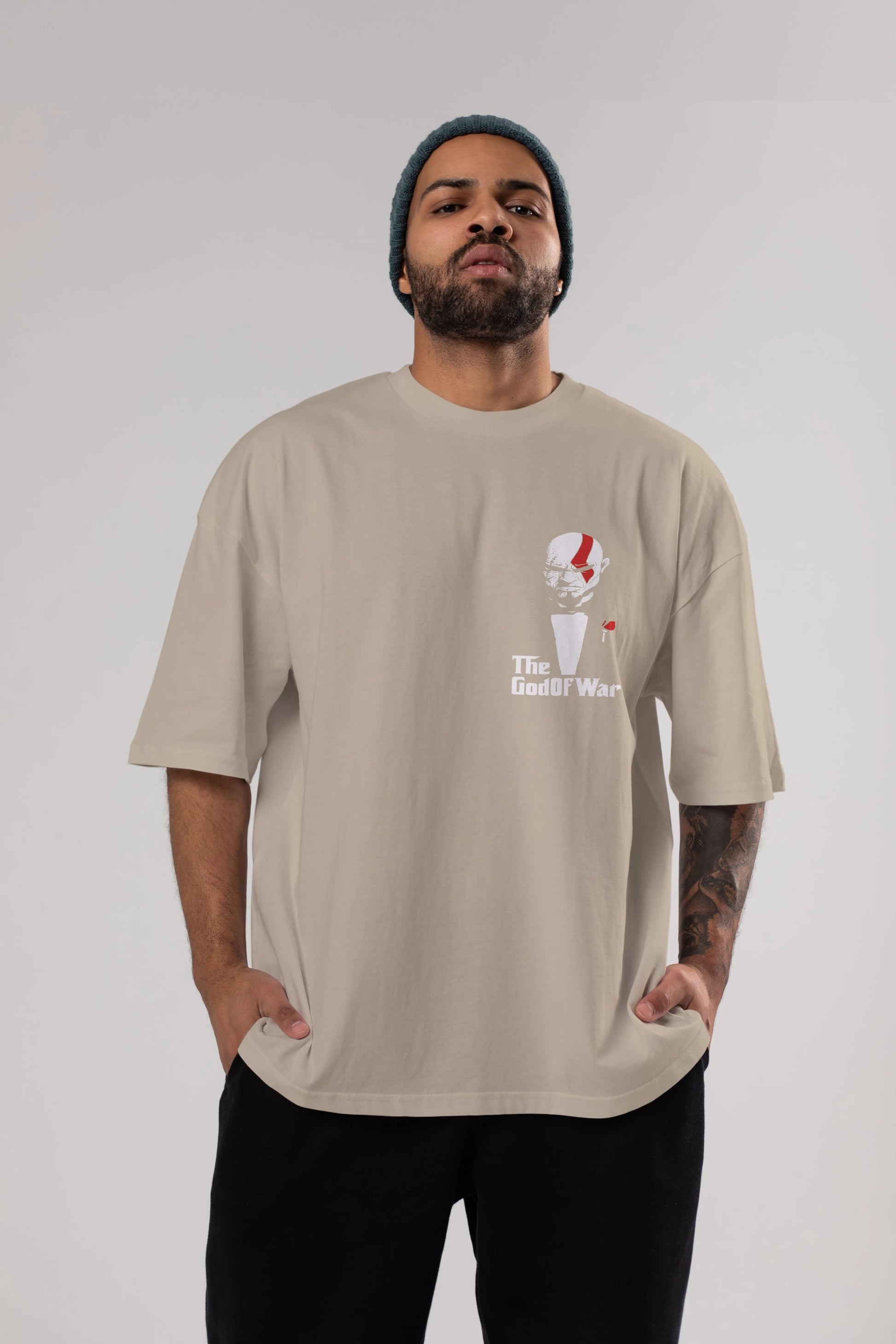 The God of War Ön Sol Baskılı Oversize t-shirt Erkek Kadın Unisex %100 Pamuk Bisiklet Yaka tişort