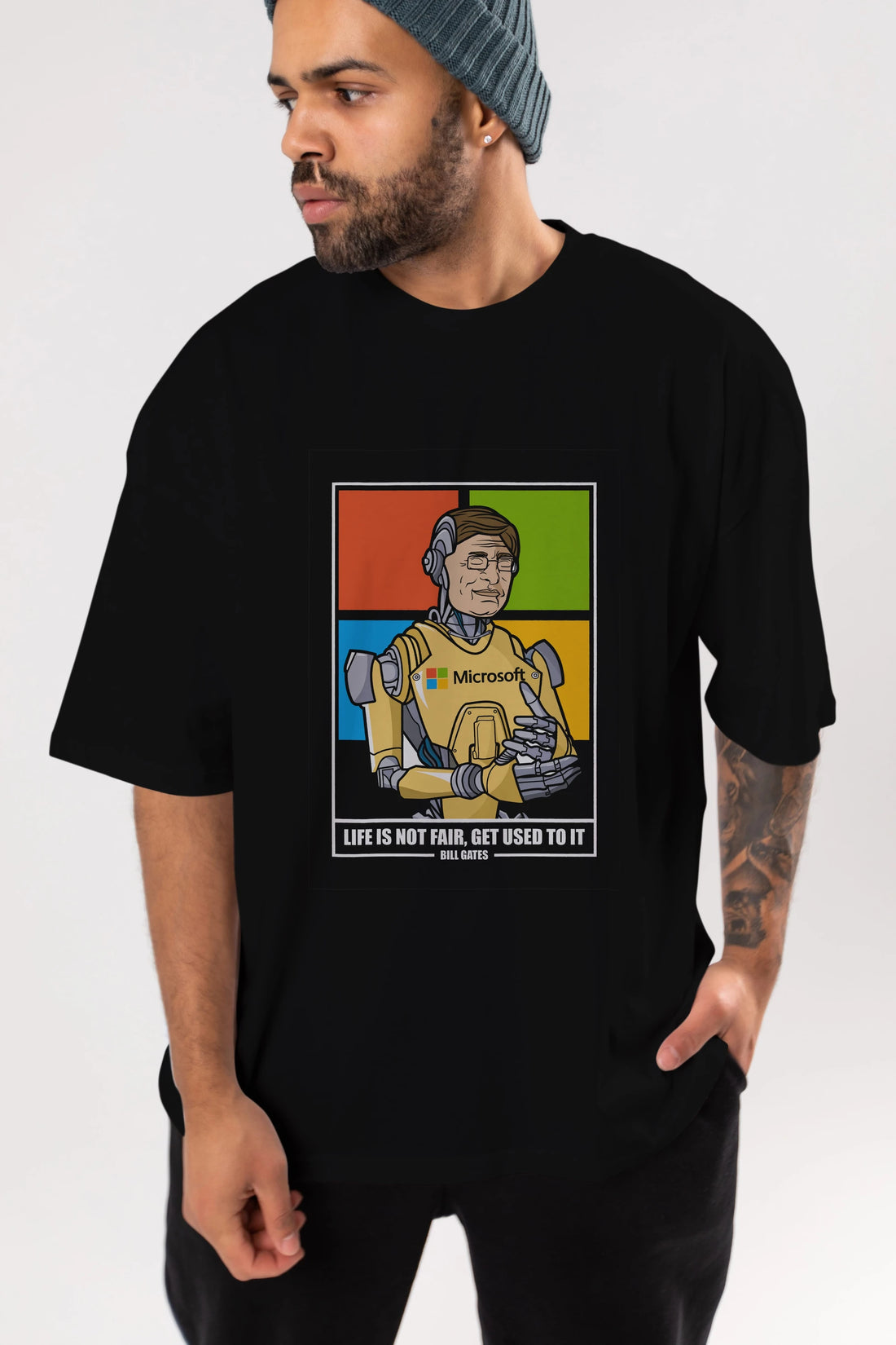 Bill Gates Robot Human Ön Baskılı Oversize t-shirt Erkek Kadın Unisex %100 Pamuk tişort
