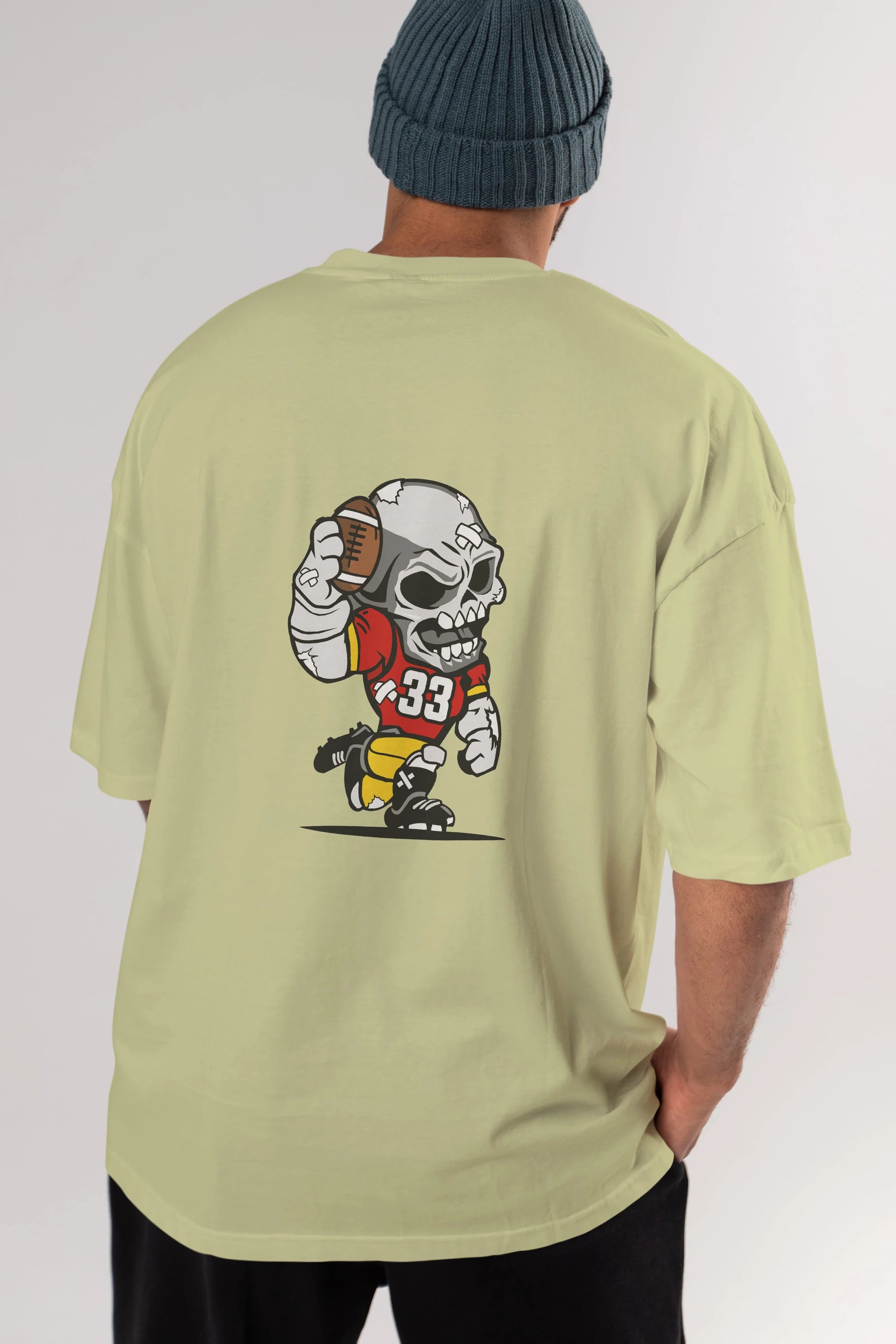 Skull Football Player Arka Baskılı Oversize t-shirt Erkek Kadın Unisex %100 Pamuk tişort