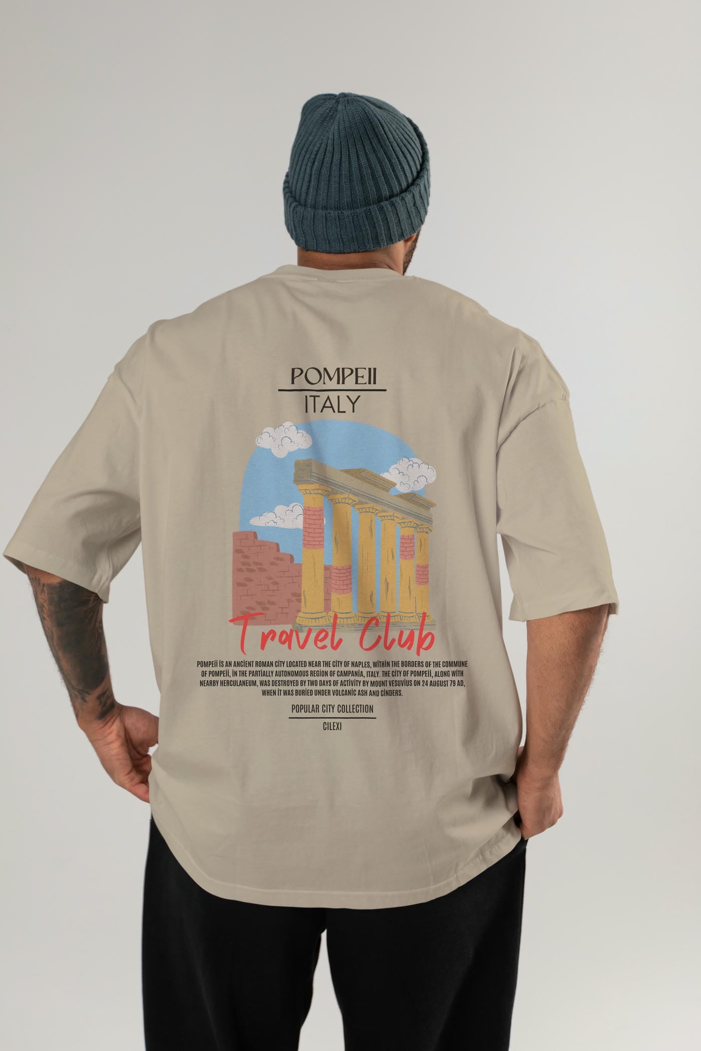 Pompeii İtaly Arka Baskılı Oversize t-shirt Erkek Kadın Pamuk Bisiklet Yaka tişort