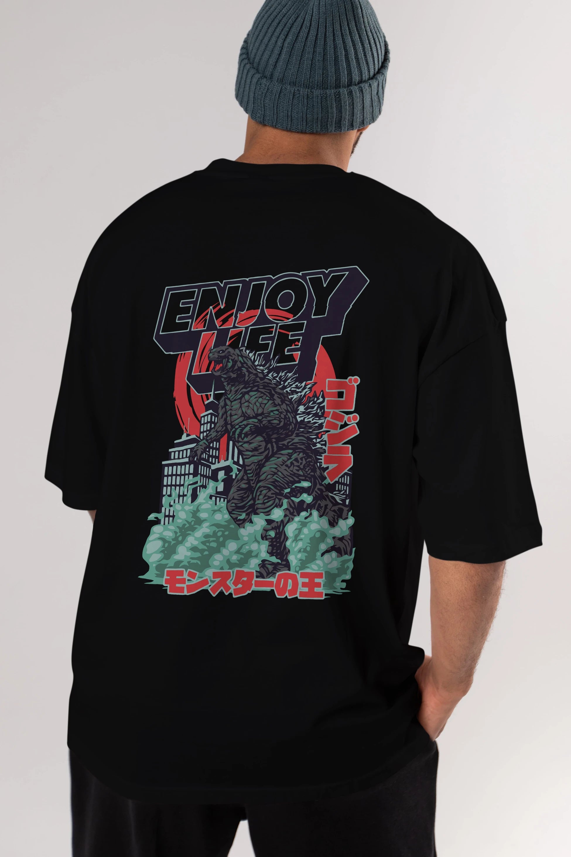 Godzilla Arka Baskılı Oversize t-shirt Erkek Kadın Unisex %100 Pamuk Bisiklet Yaka tişort