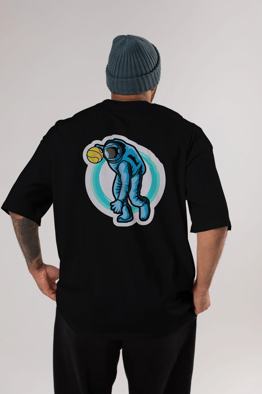 Astronaut Dribble Sticker Arka Baskılı Oversize t-shirt Erkek Kadın Unisex