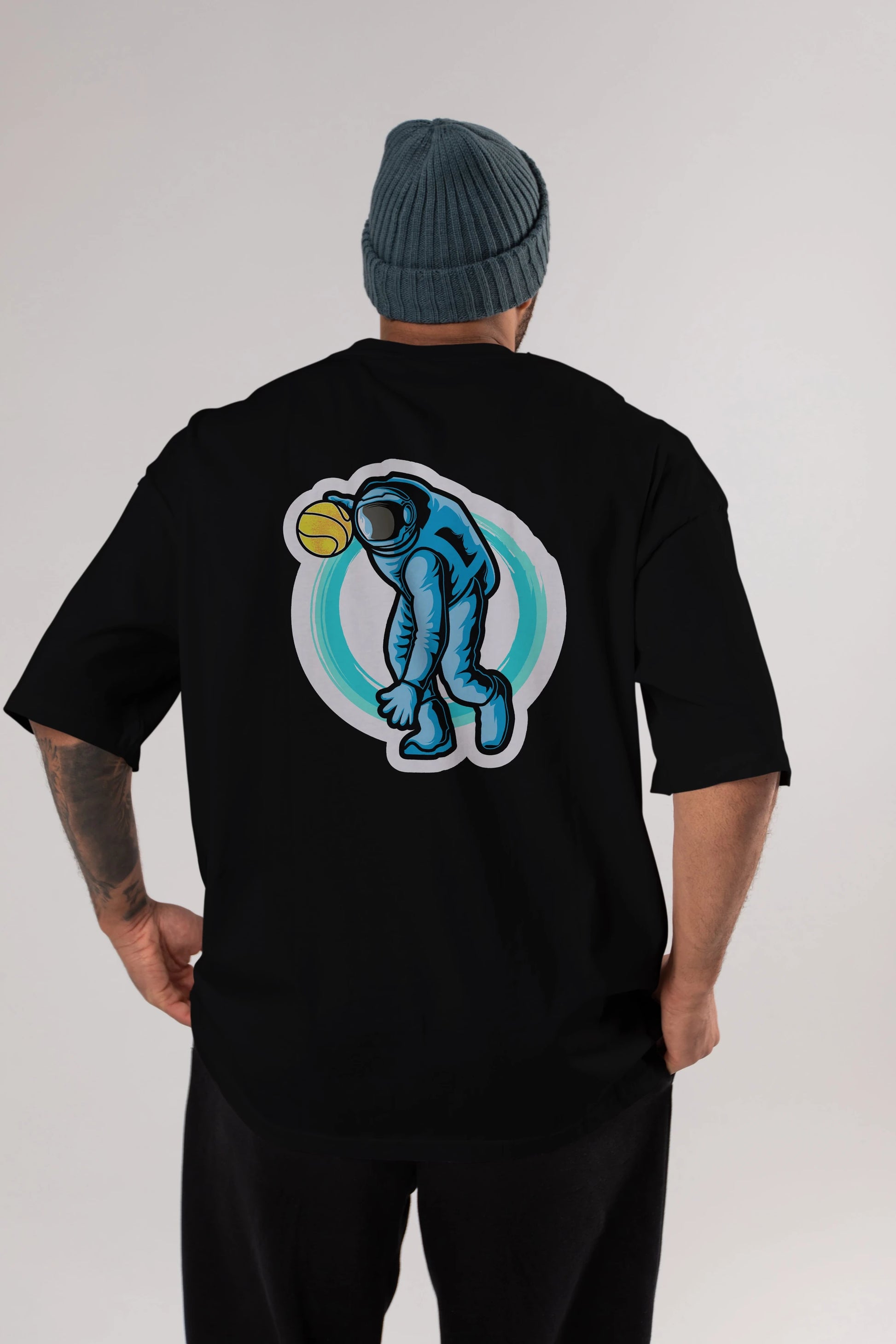 Astronaut Dribble Sticker Arka Baskılı Oversize t-shirt Erkek Kadın Unisex