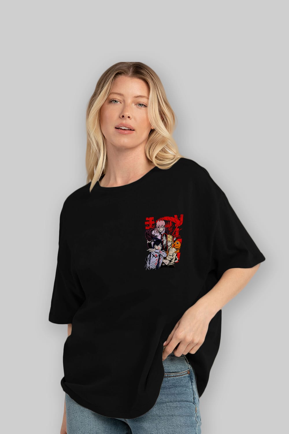 CHAINSAWMAN CREW Ön Sol Baskılı Oversize t-shirt Erkek Kadın Unisex %100 Pamuk Bisiklet Yaka tişort