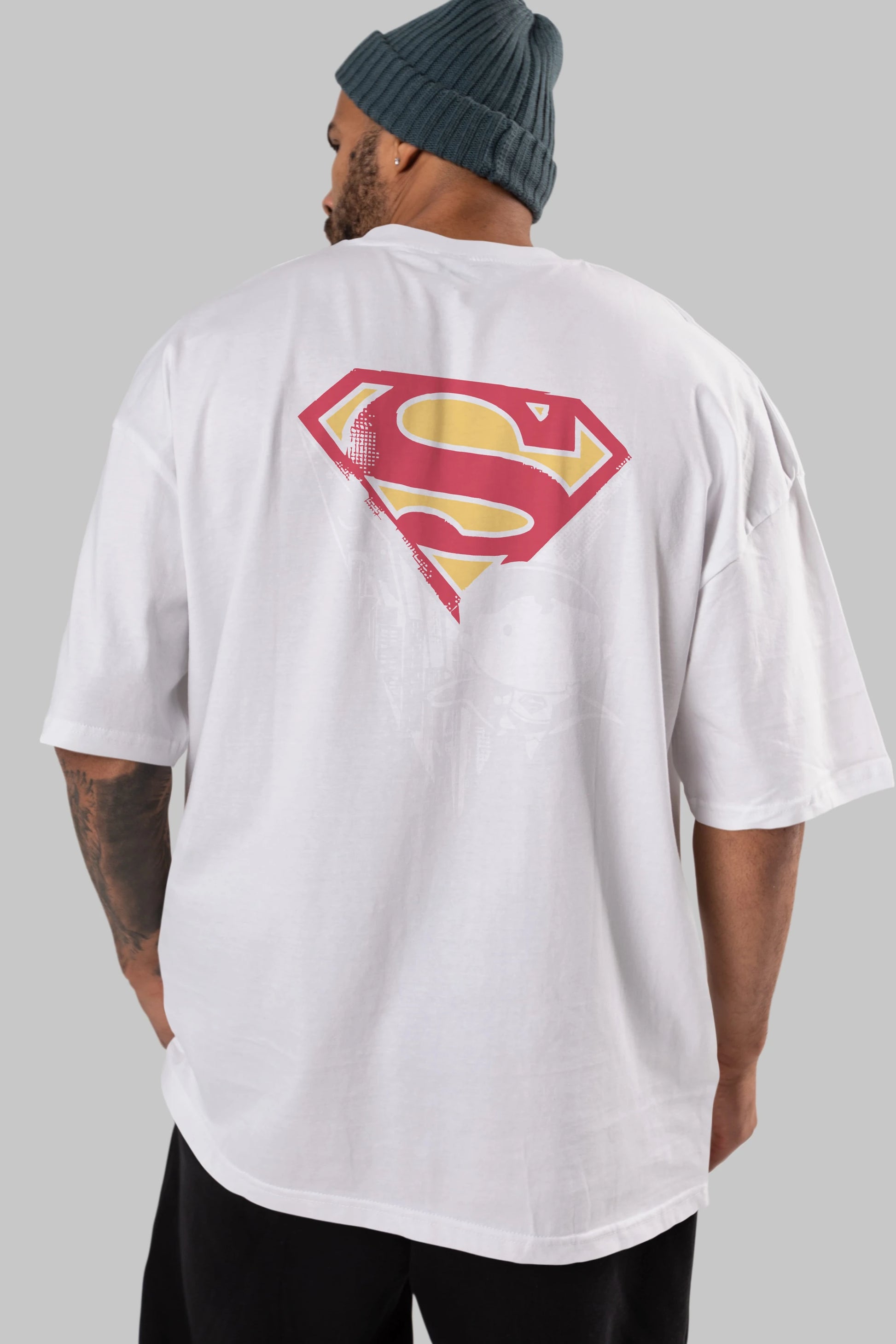 Superman Arka Baskılı Oversize t-shirt Erkek Kadın Unisex %100 Pamuk Bisiklet Yaka tişort