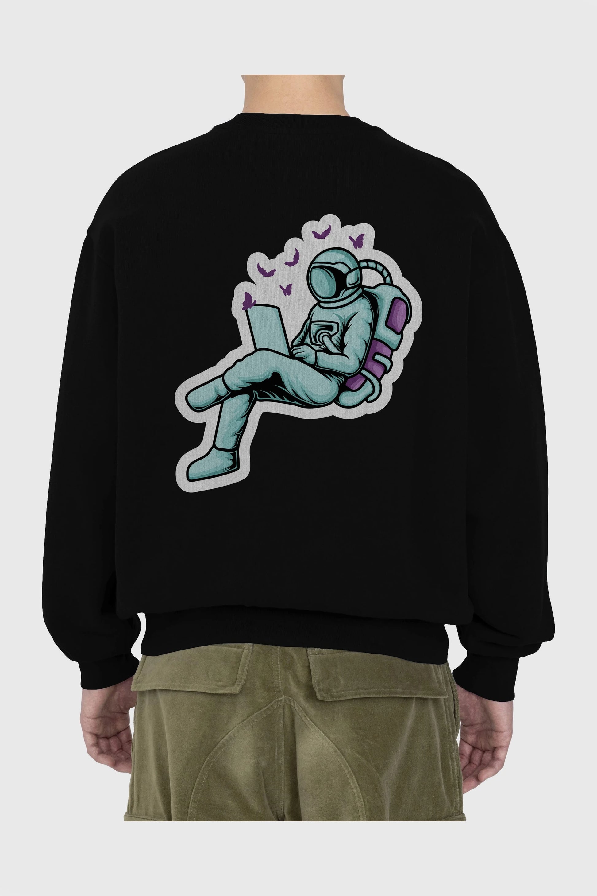 Work with Butterflies in Space Sticker Arka Baskılı Oversize Sweatshirt Erkek Kadın Unisex