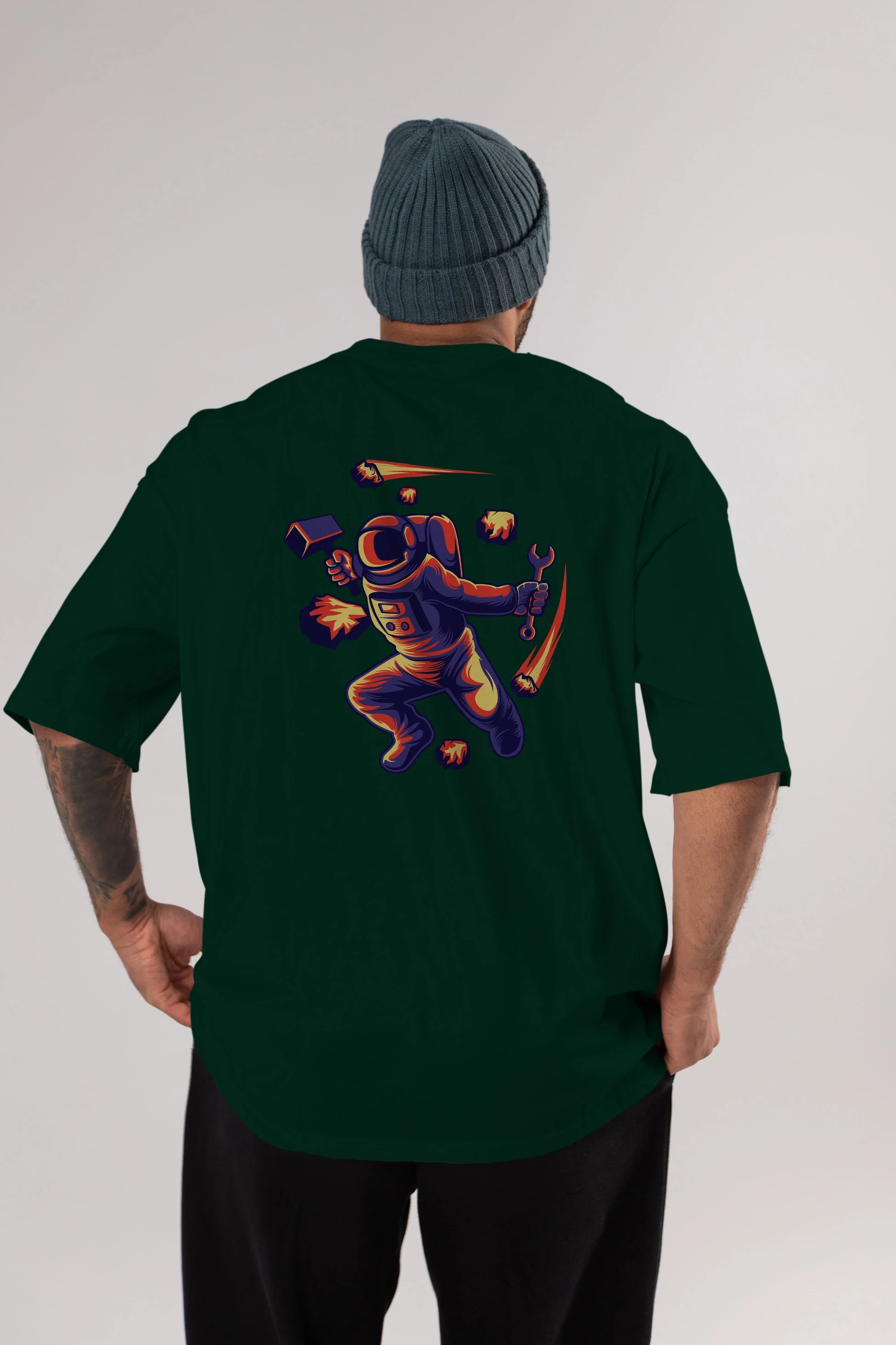 Astronaut Block Meteor Arka Baskılı Oversize t-shirt Erkek Kadın Unisex