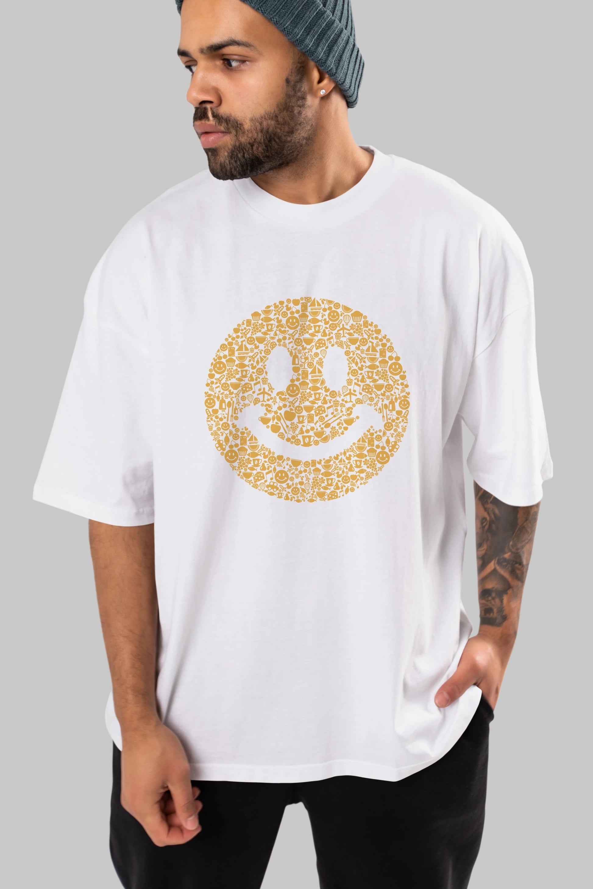 Smiley Ön Baskılı Oversize t-shirt %100 pamuk Erkek Kadın Unisex