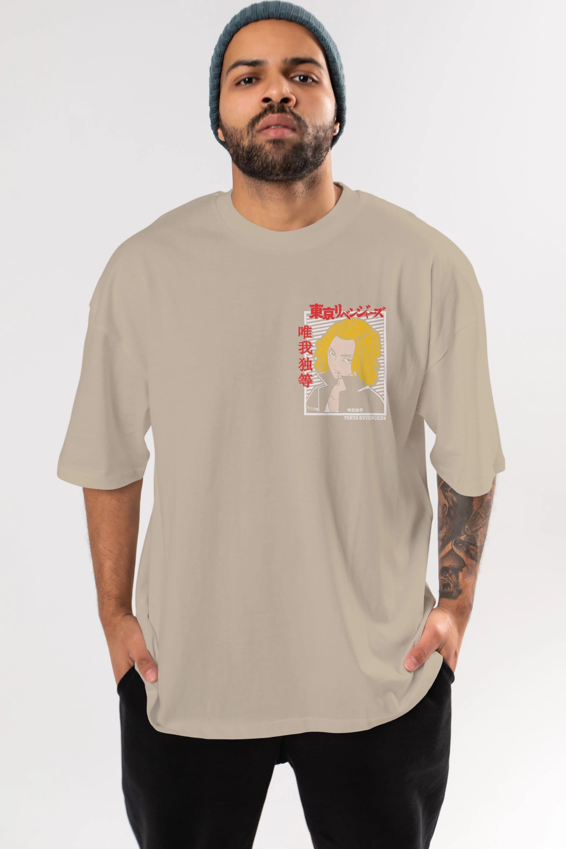 TokyoRev. M Ön Sol Baskılı Oversize t-shirt Erkek Kadın Unisex %100 Pamuk Bisiklet Yaka tişort