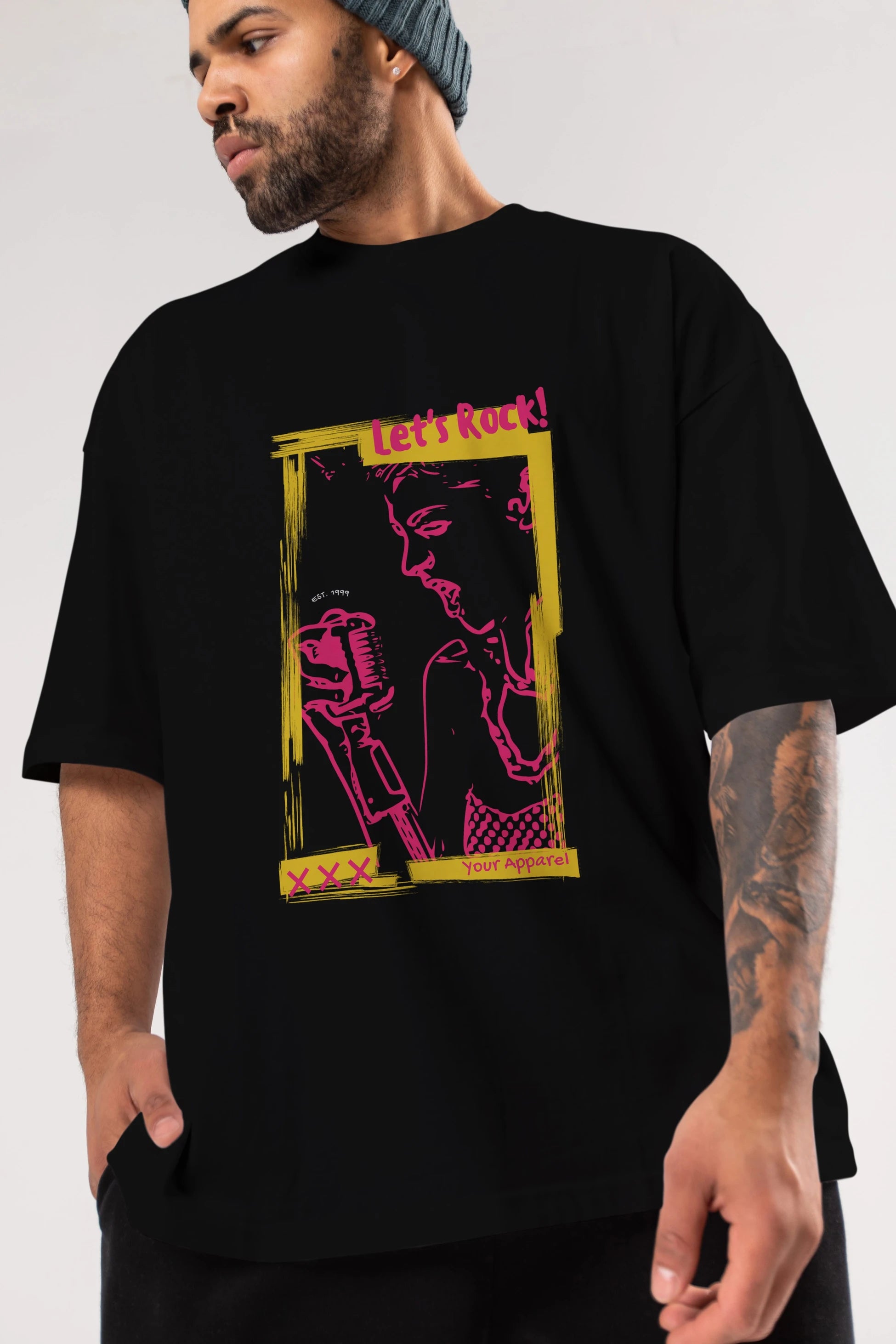 Let's Rock Yazılı Ön Baskılı Oversize t-shirt Erkek Kadın Unisex