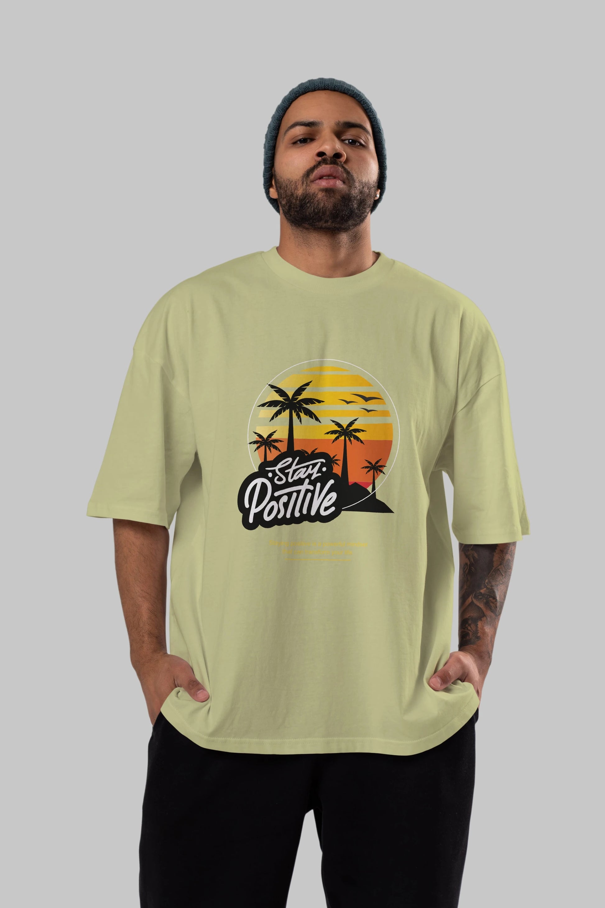 Stay Positive Yazılı Ön Baskılı Oversize t-shirt Erkek Kadın Unisex