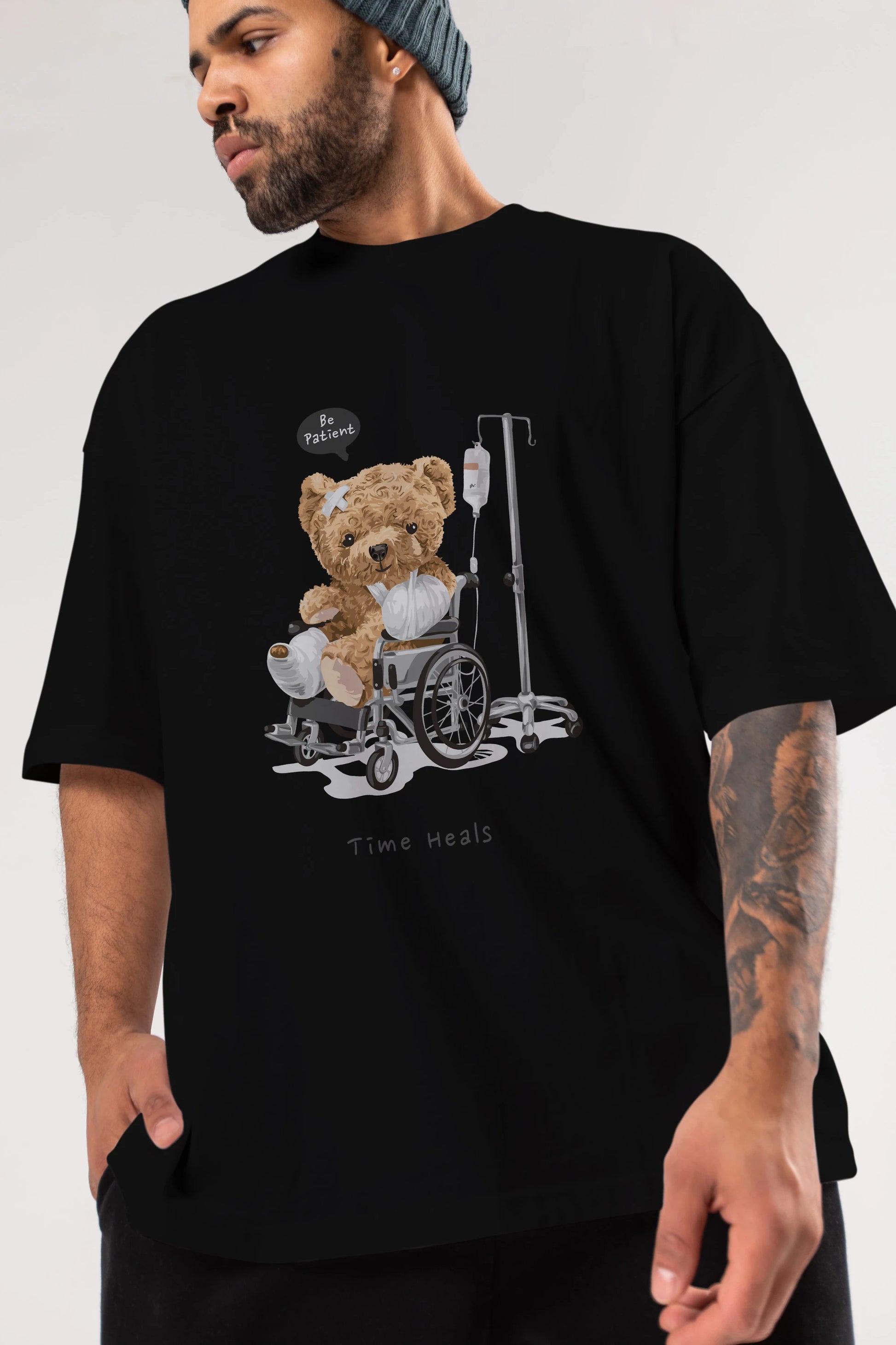 Teddy Bear Time Heals Ön Baskılı Oversize t-shirt Erkek Kadın Unisex %100 Pamuk