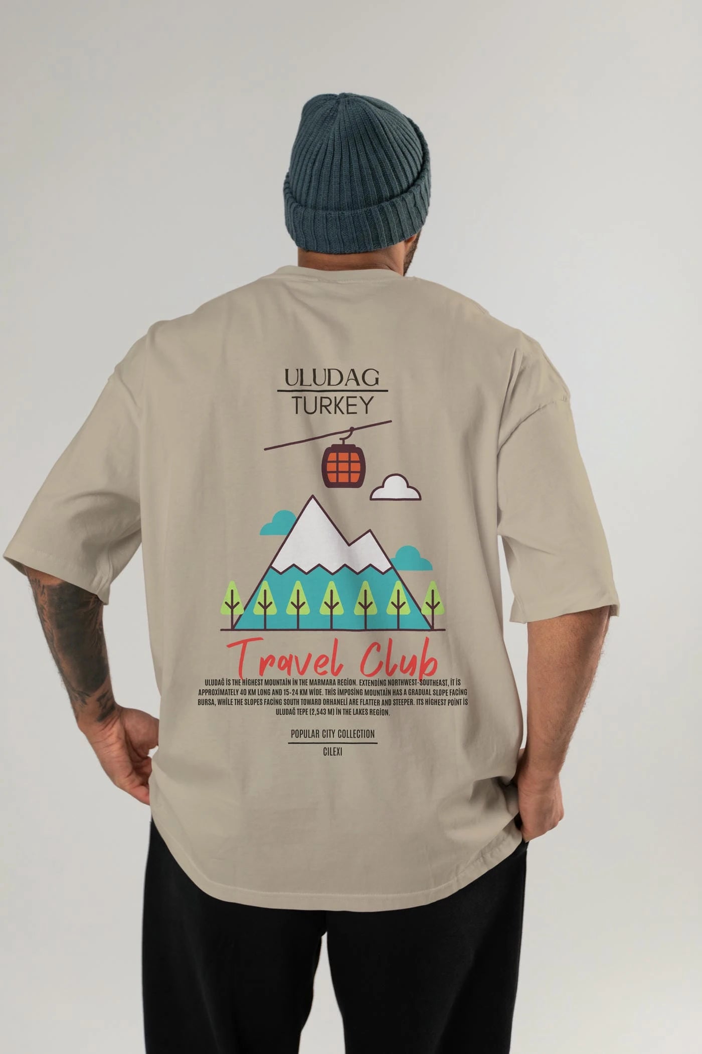 Uludağ Turkey Arka Baskılı Oversize t-shirt Erkek Kadın Pamuk Bisiklet Yaka tişort