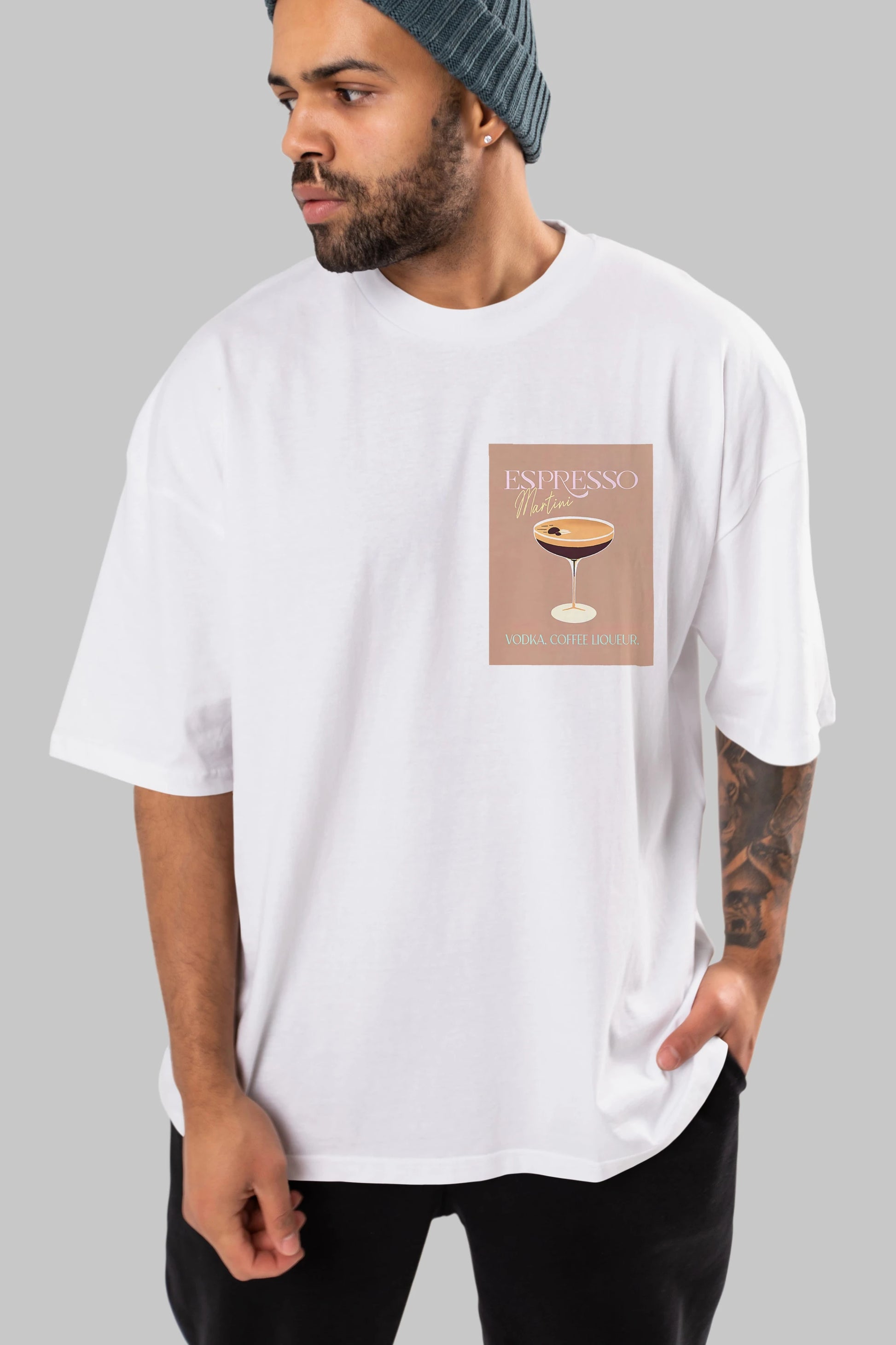 Espresso Martini Cocktail Ön Sol Baskılı Oversize t-shirt Erkek Kadın Unisex %100 Pamuk Bisiklet Yaka tişort