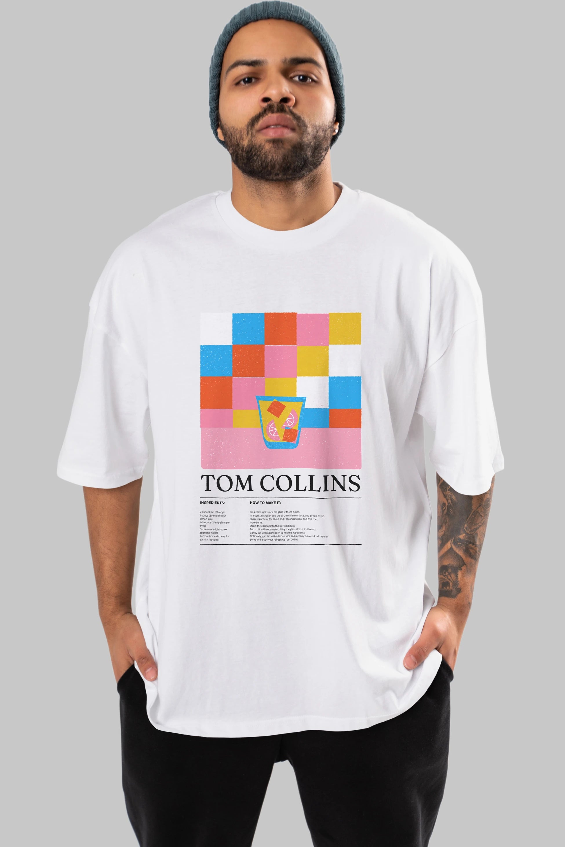Tom Collins Kokteyl Ön Baskılı Oversize t-shirt Erkek Kadın %100 Pamuk Bisiklet Yaka tişort