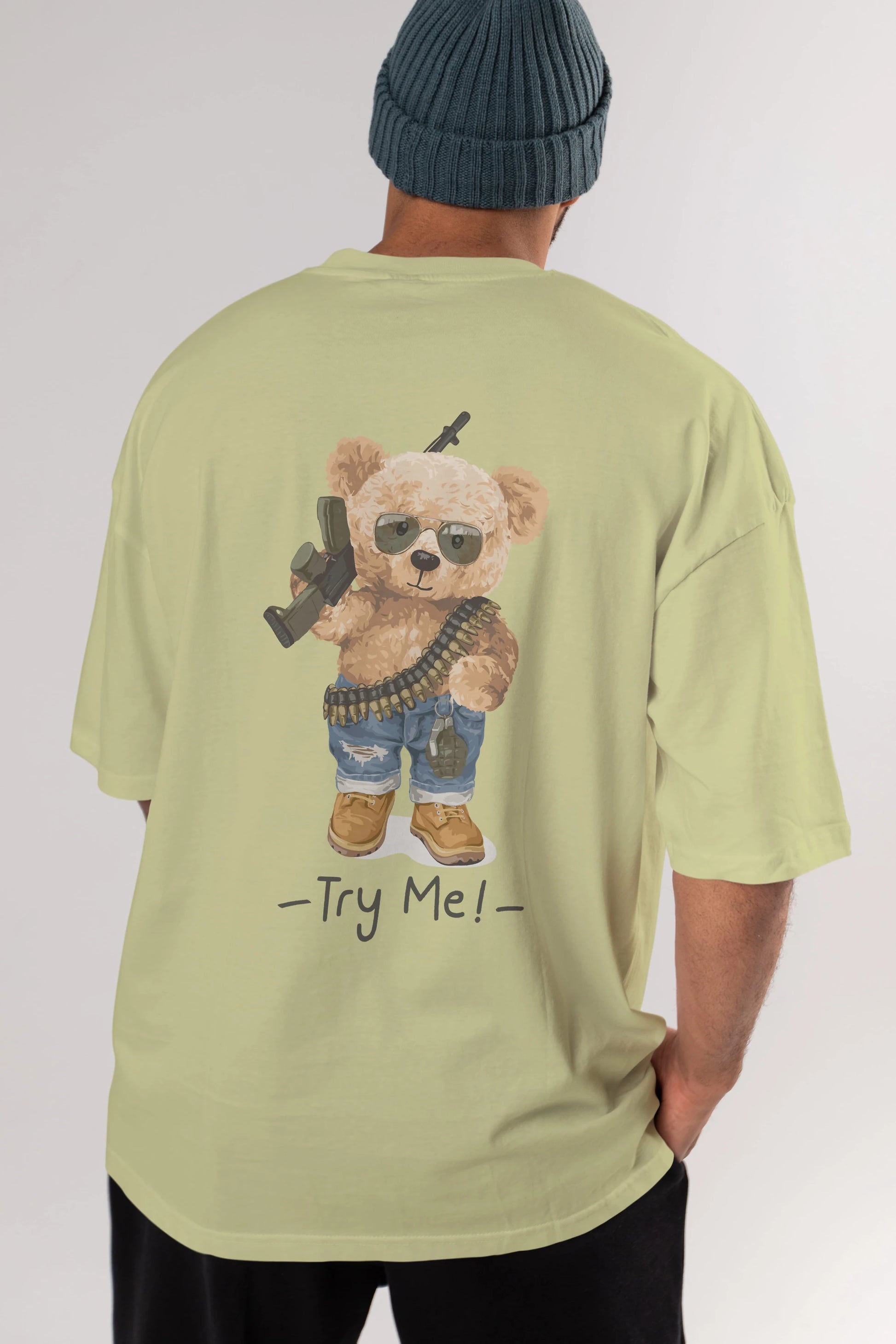 Teddy Bear Try Me Arka Baskılı Oversize t-shirt Erkek Kadın Unisex %100 Pamuk